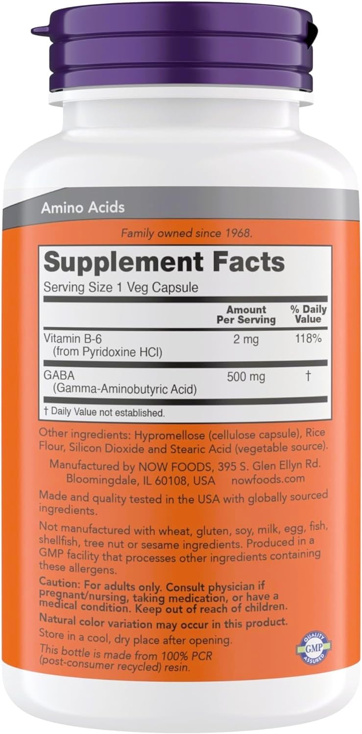 NOW Foods GABA 500 mg, etiqueta frontal, información clara para consumo responsable