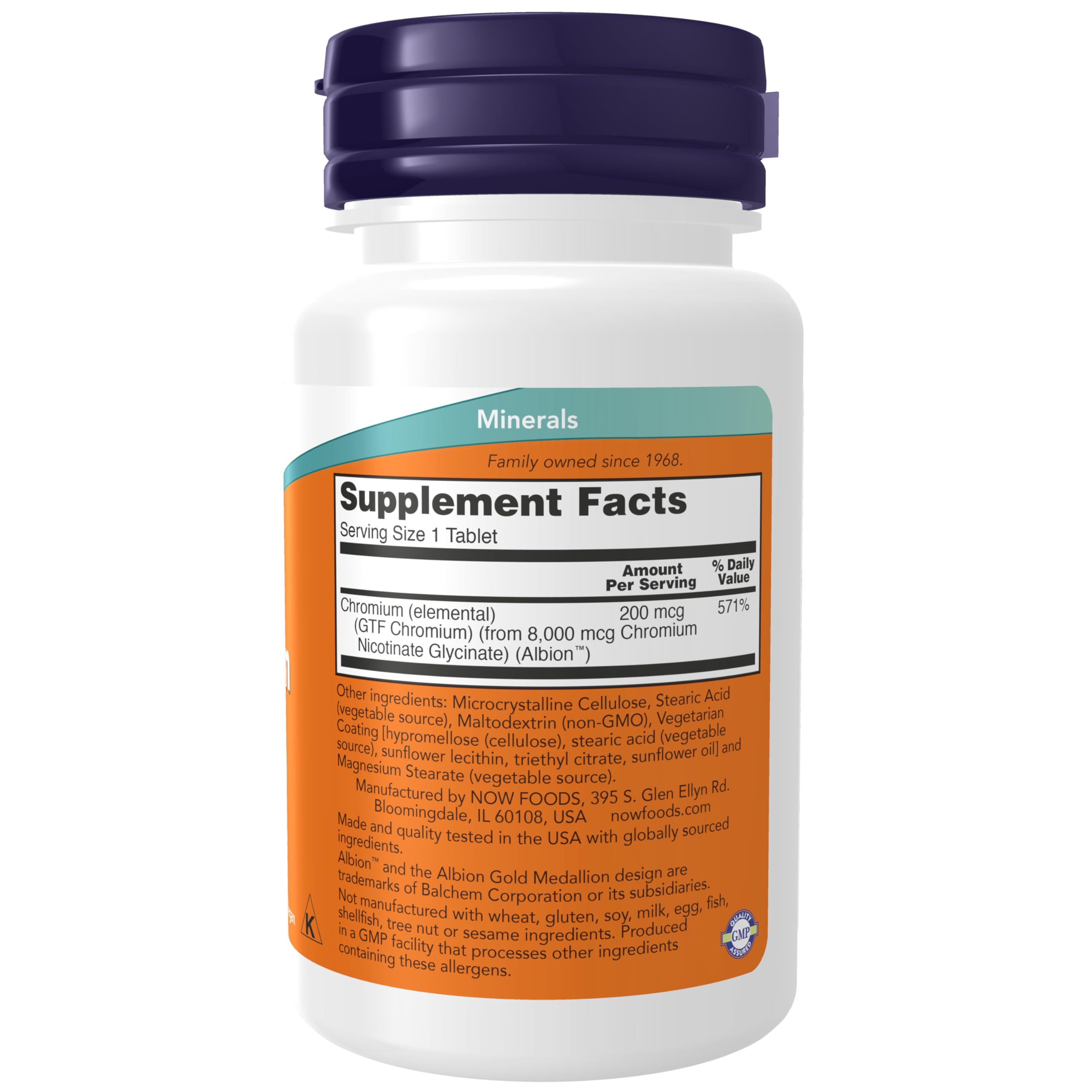 NOW Foods GTF Cromo 200 mcg, etiqueta visible, cofactor de insulina