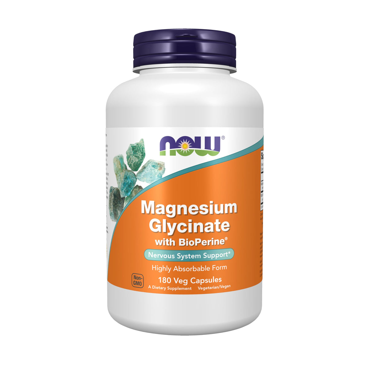 NOW Foods Magnesio glicinato con BioPerine, botella visible para uso diario.