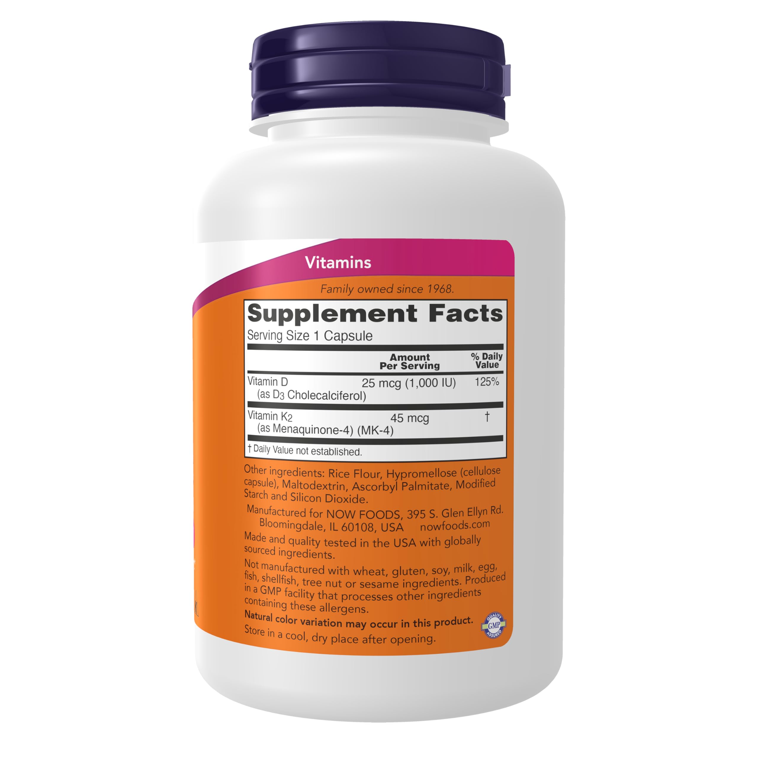 NOW Foods Vitamina D3 K2, frasco de 240 cápsulas para uso diario