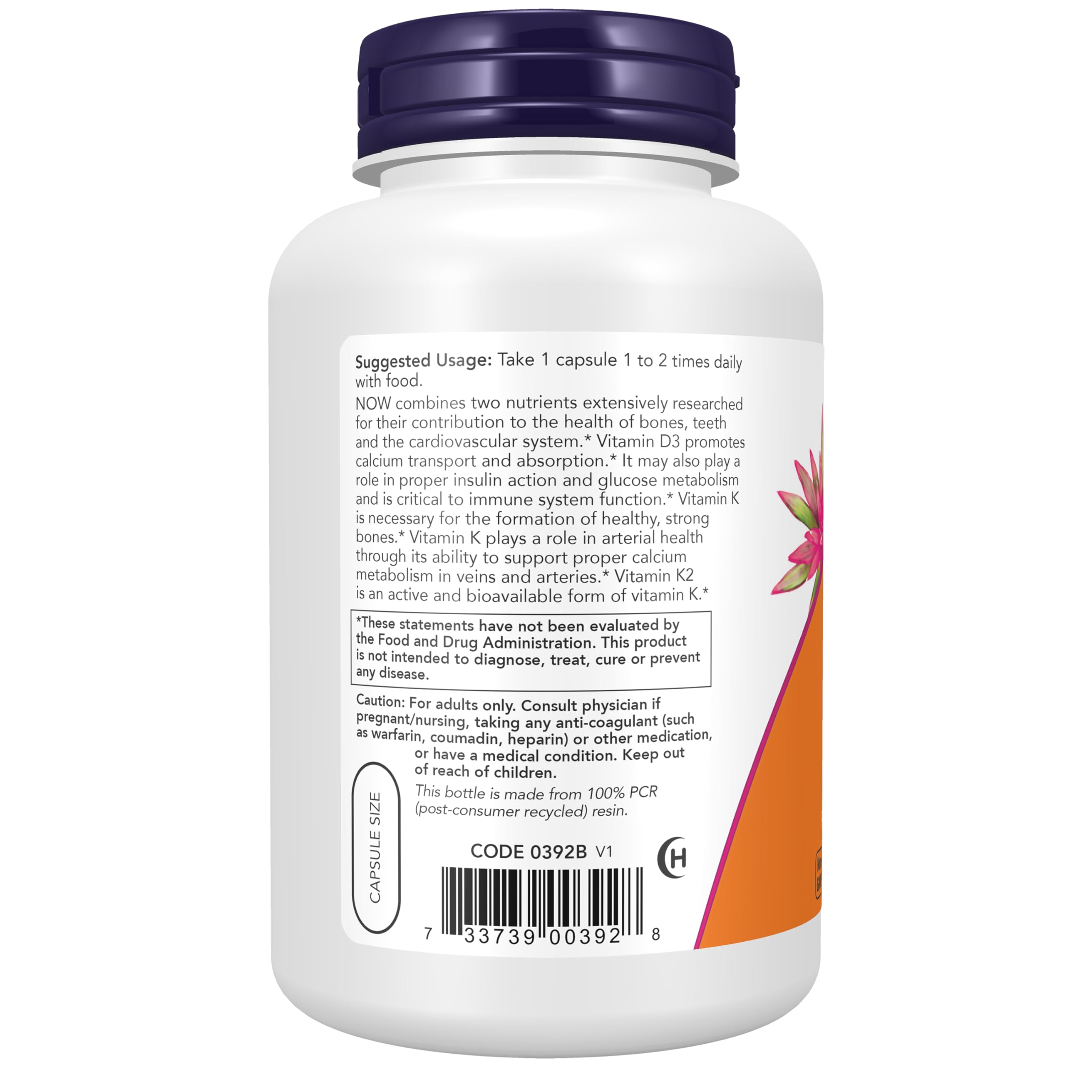 Etiqueta informativa de NOW Vitamina D3 K2, posible apoyo inmunológico