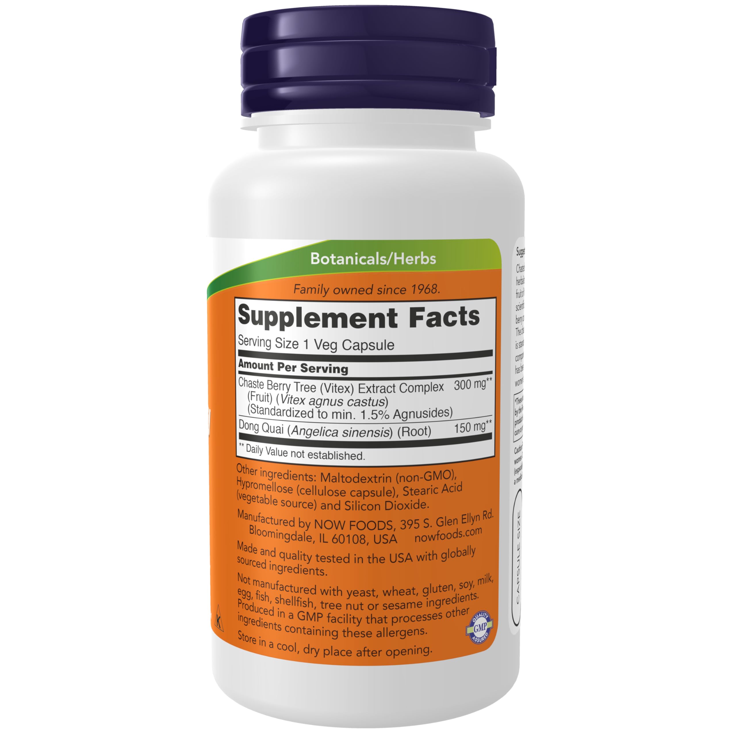 Botella NOW Vitex Dong Quai 300 mg: dosis diaria para conveniencia.