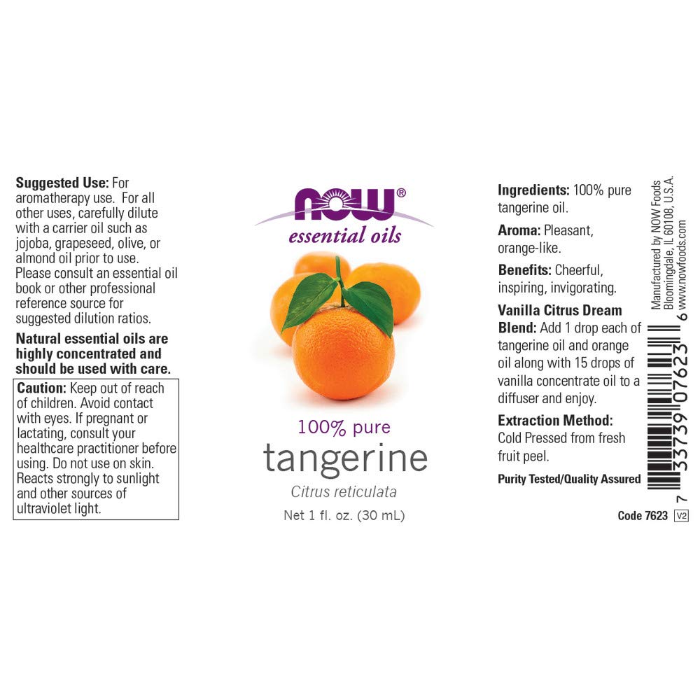 NOW Foods Tangerine Oil con etiqueta frontal, aroma brillante para elevar el ánimo