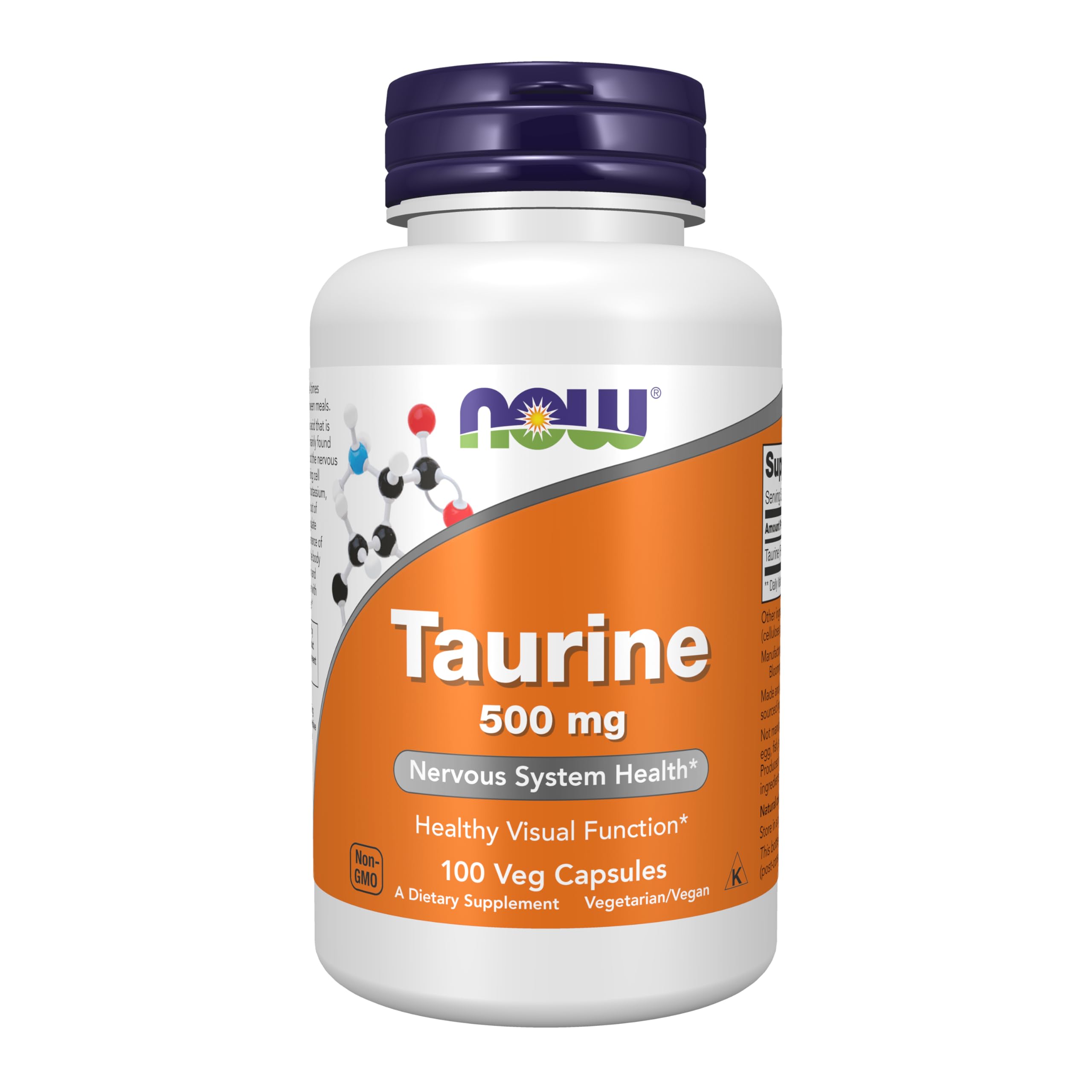 NOW Taurina 500 mg en botella que destaca funcion visual saludable