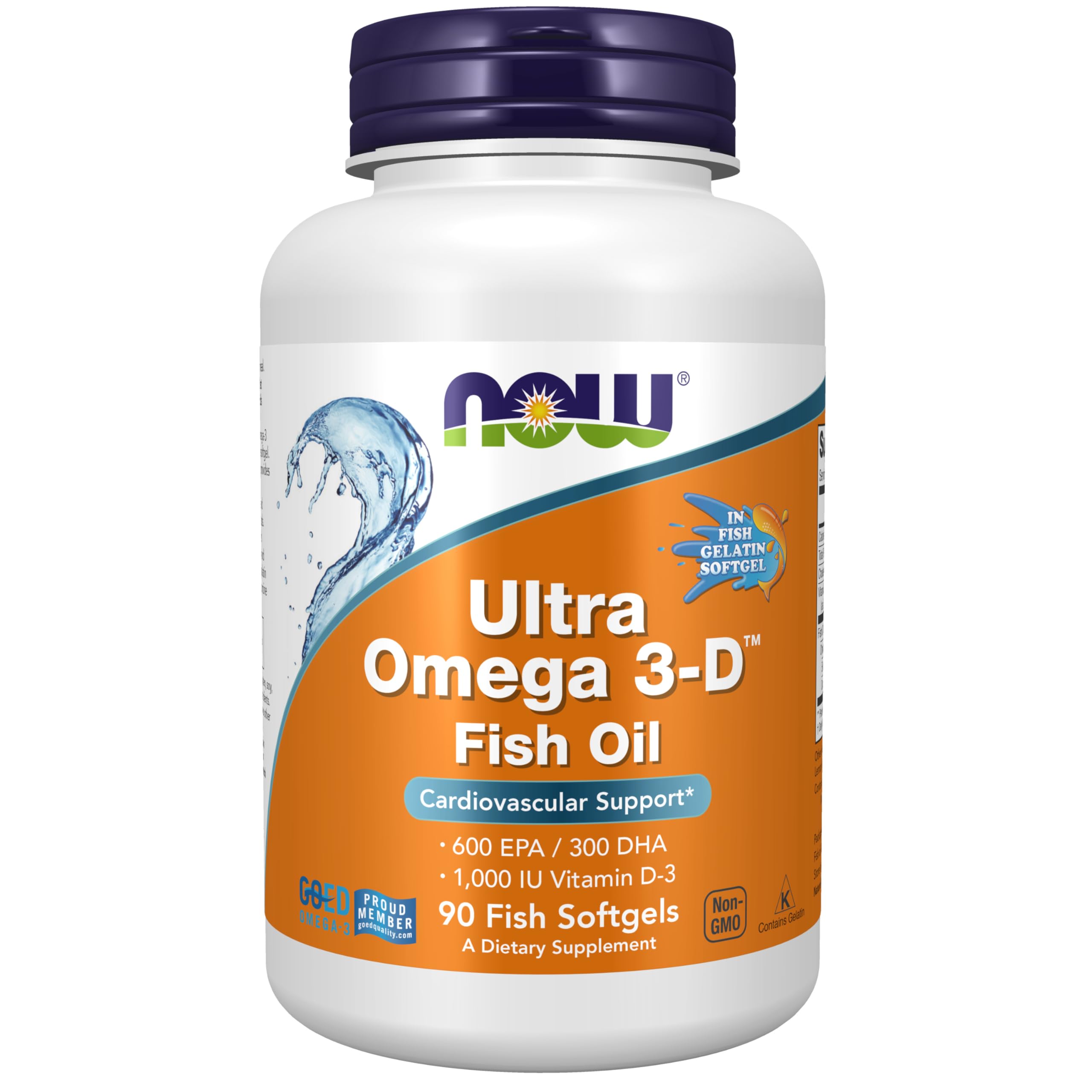 NOW Ultra Omega 3-D, botella de cápsulas con sabor limón para uso diario.