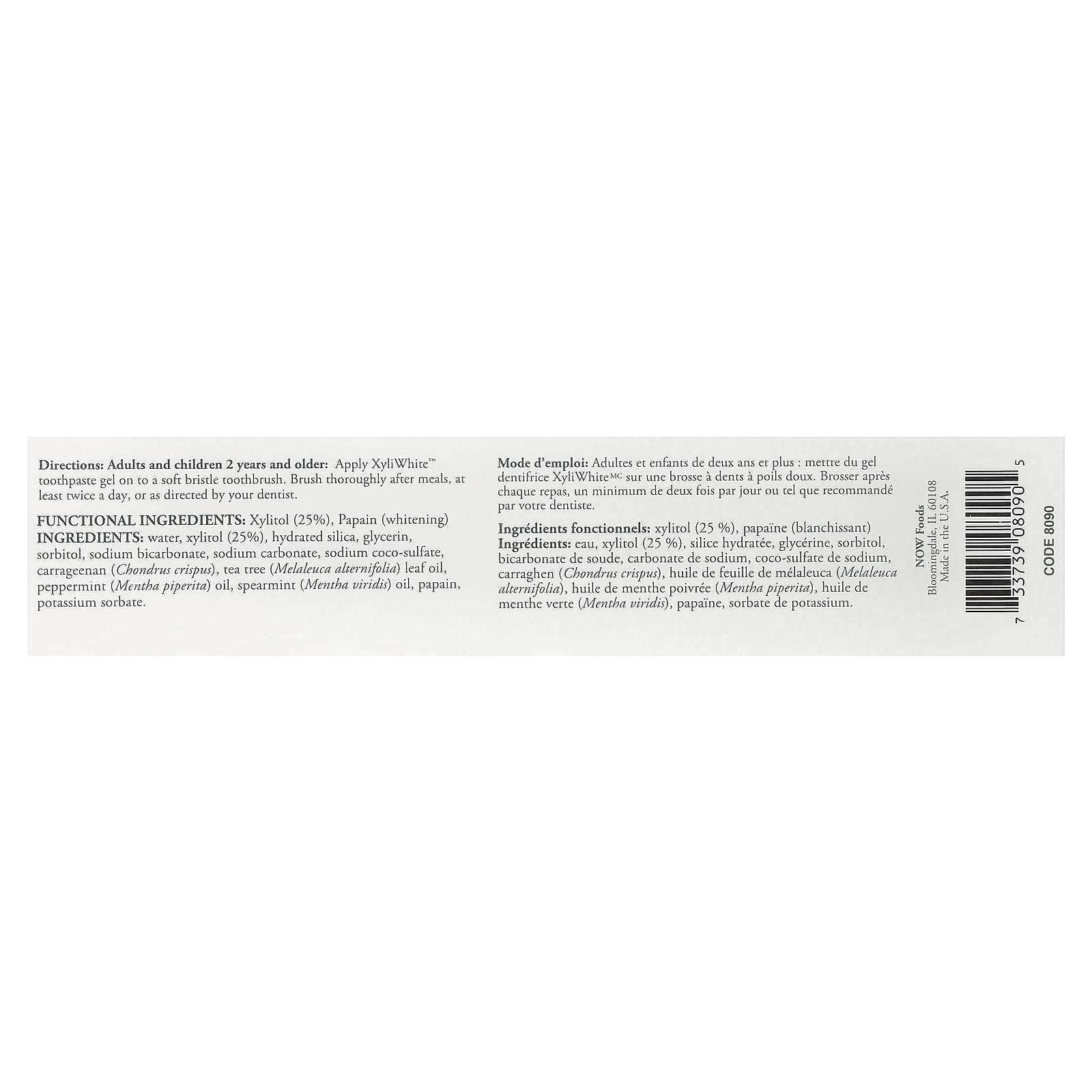 NOW Xyliwhite Refreshmint etiqueta visible, ingredientes limpios para uso cotidiano.