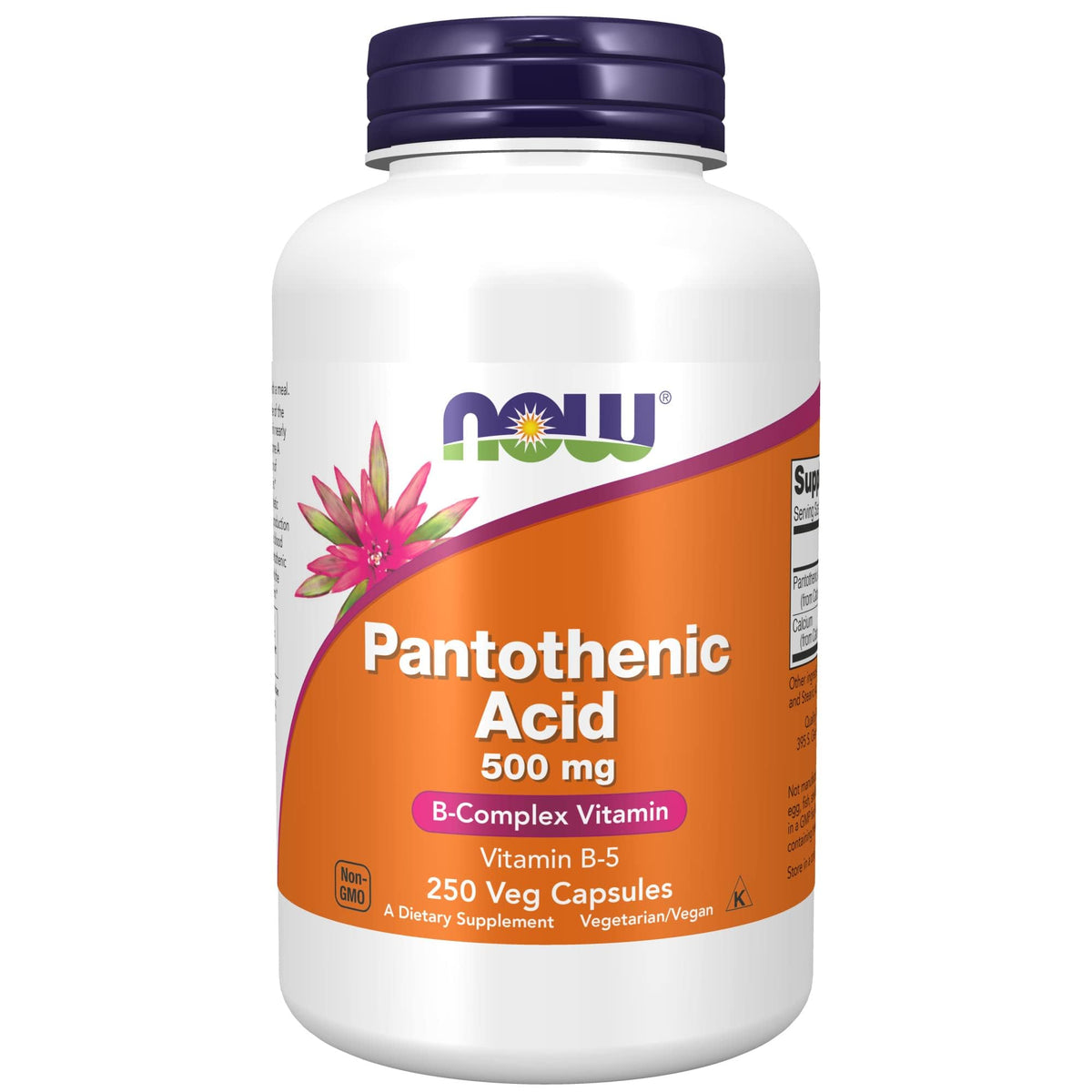 NOW Foods ácido pantoténico, botella frontal, apoyo al metabolismo y energía diaria.