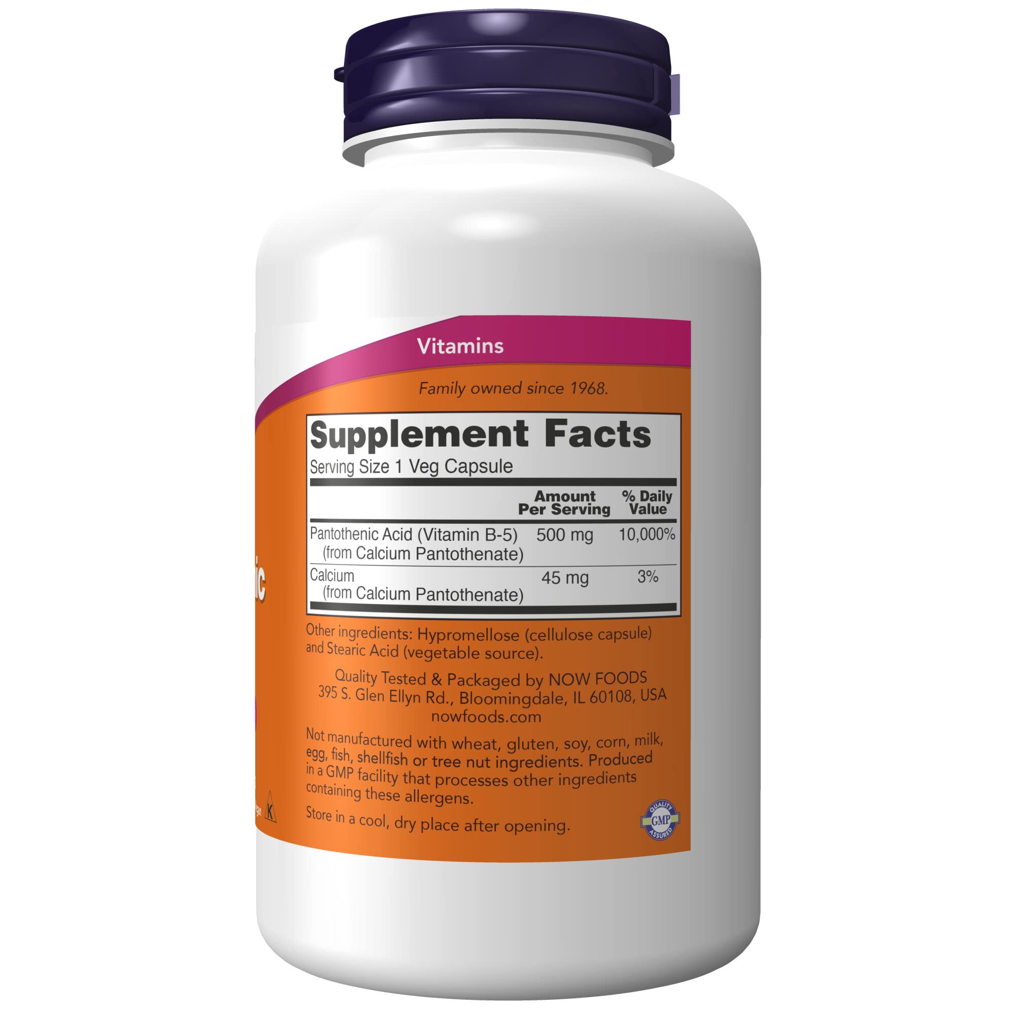 NOW Foods ácido pantoténico, etiqueta detallada con información de B5 y uso.