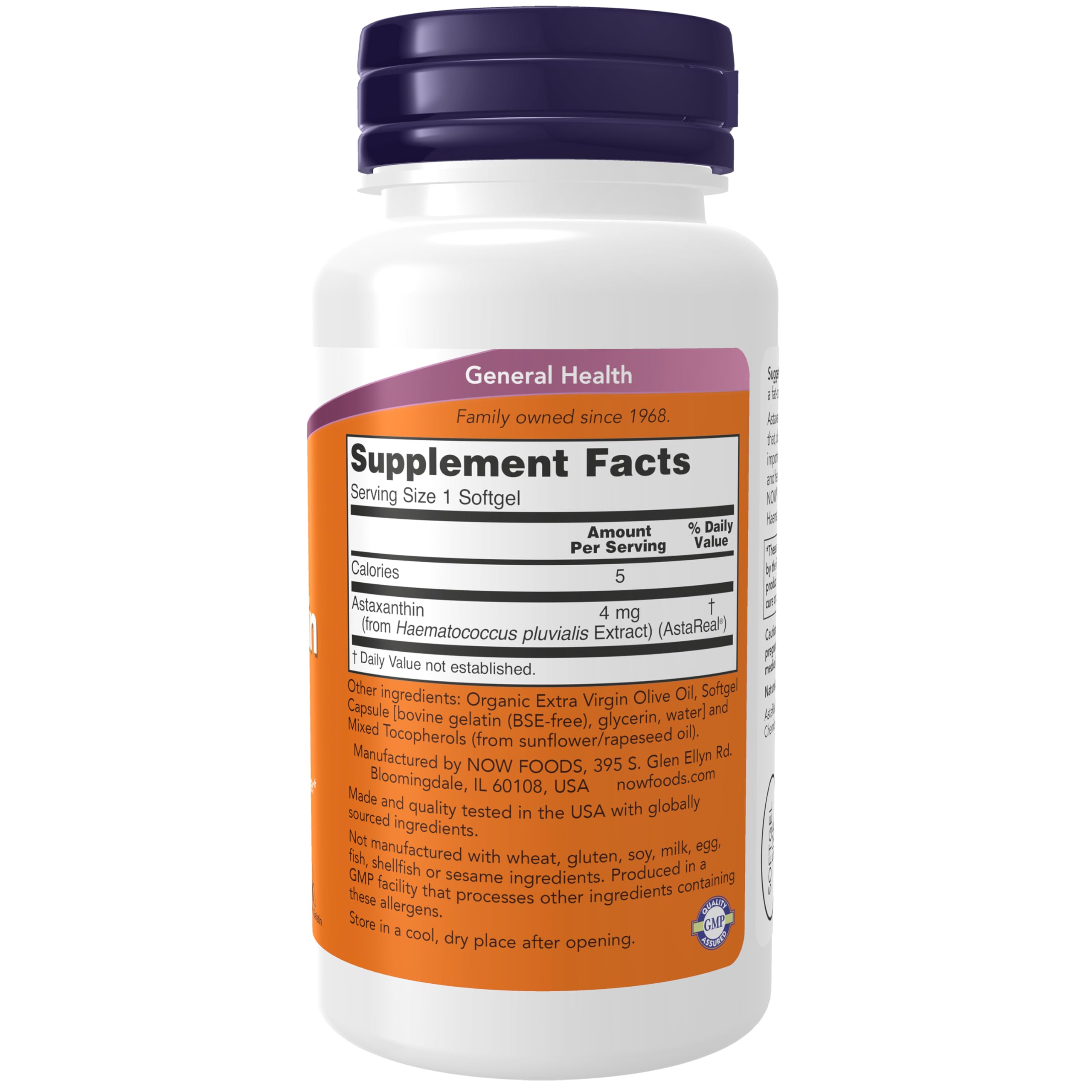 NOW Foods Astaxantina 4 mg, cápsulas suaves, formato cómodo para uso diario.
