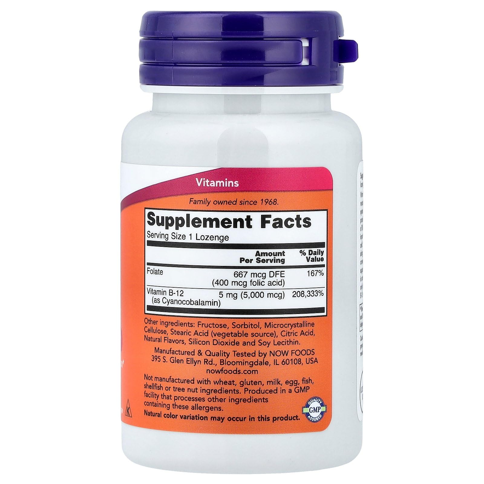 NOW Foods B-12 5,000 mcg, empaque de 60 unidades para consumo diario práctico.