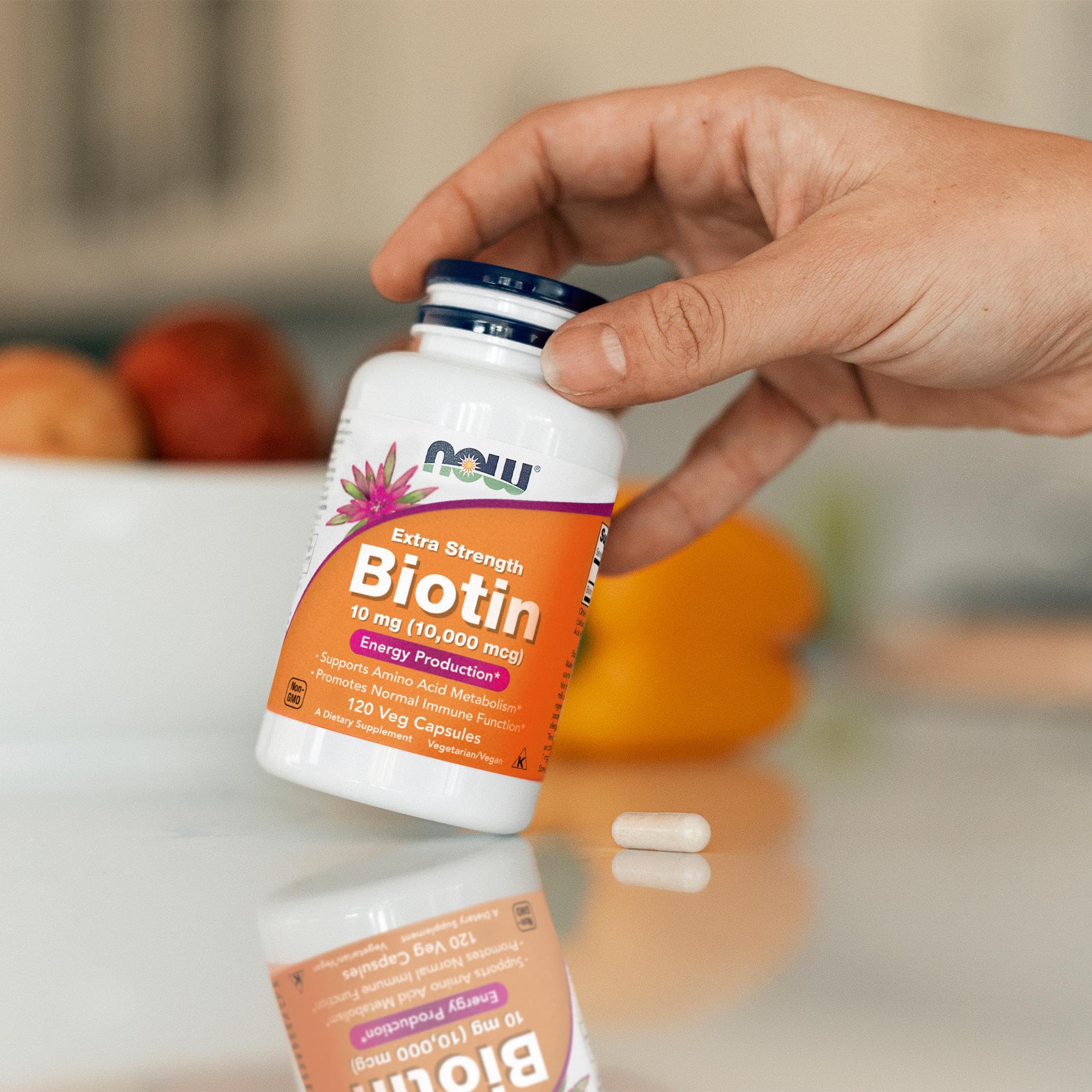 NOW Foods Biotina 10 mg, envase de calidad, sello GMP y pruebas ISO/IEC.