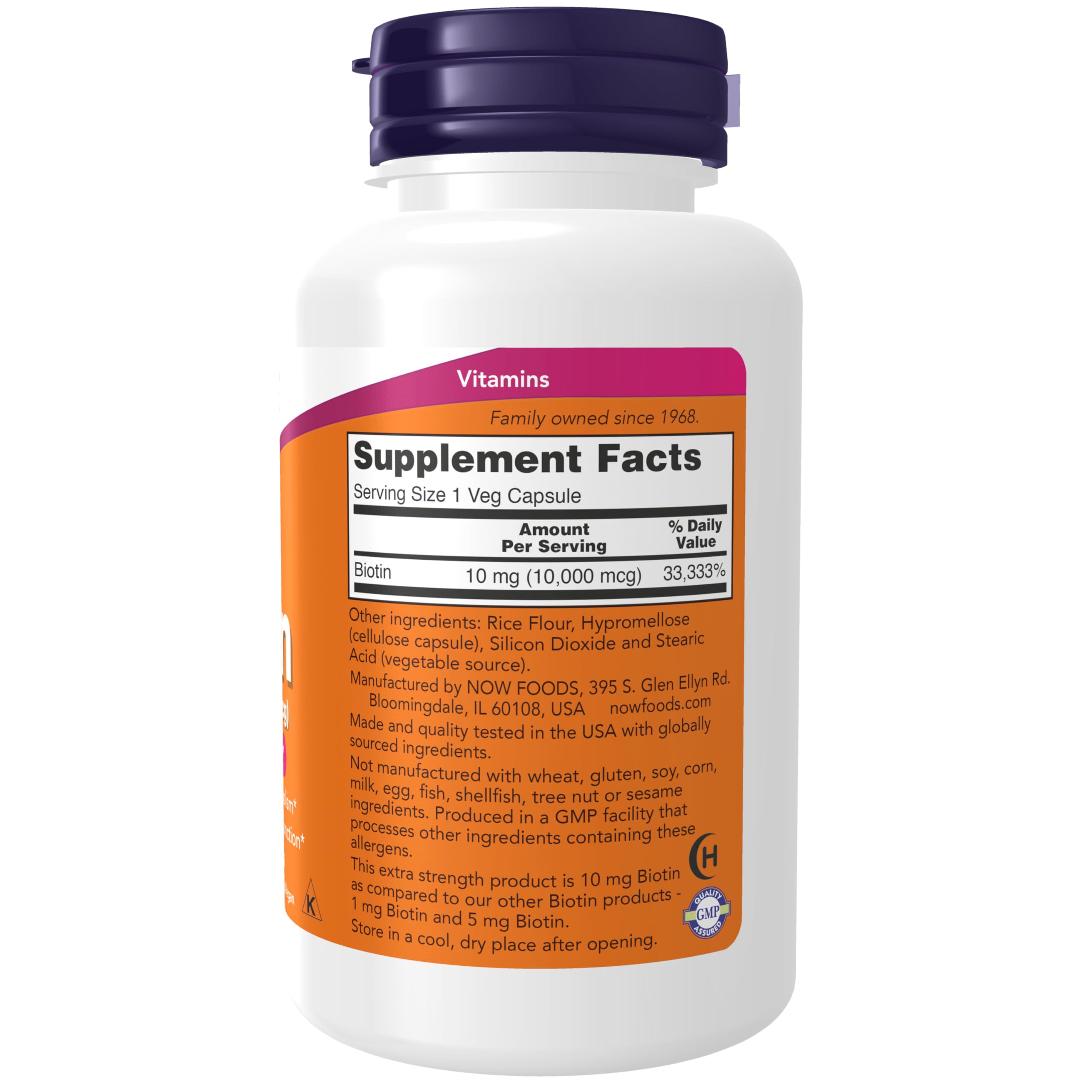 NOW Foods Biotina 10 mg, etiqueta frontal, fórmula de alta potencia para metabolismo de aminoácidos.