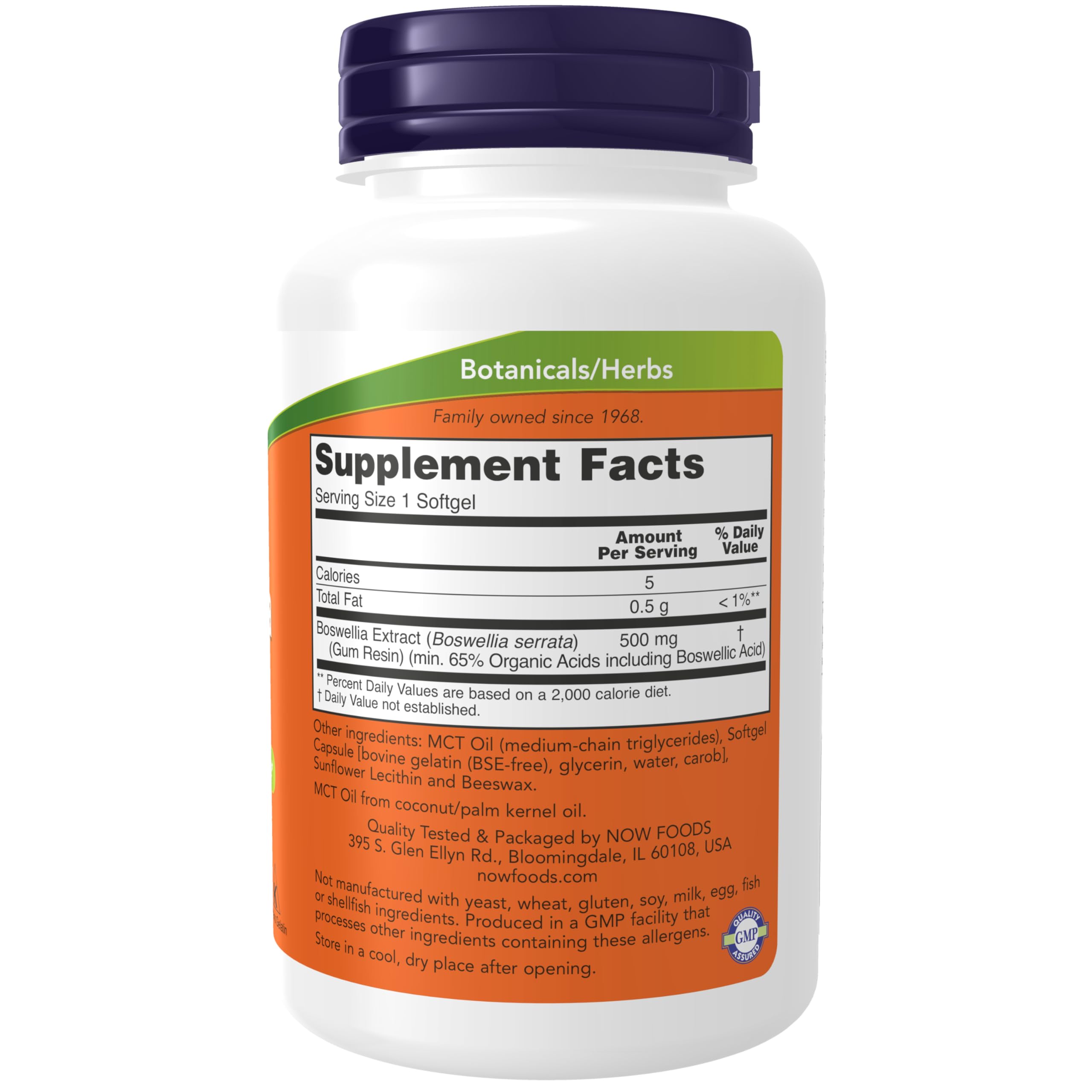 Etiqueta NOW Foods Boswellia muestra extracto estandarizado y base de MCT.