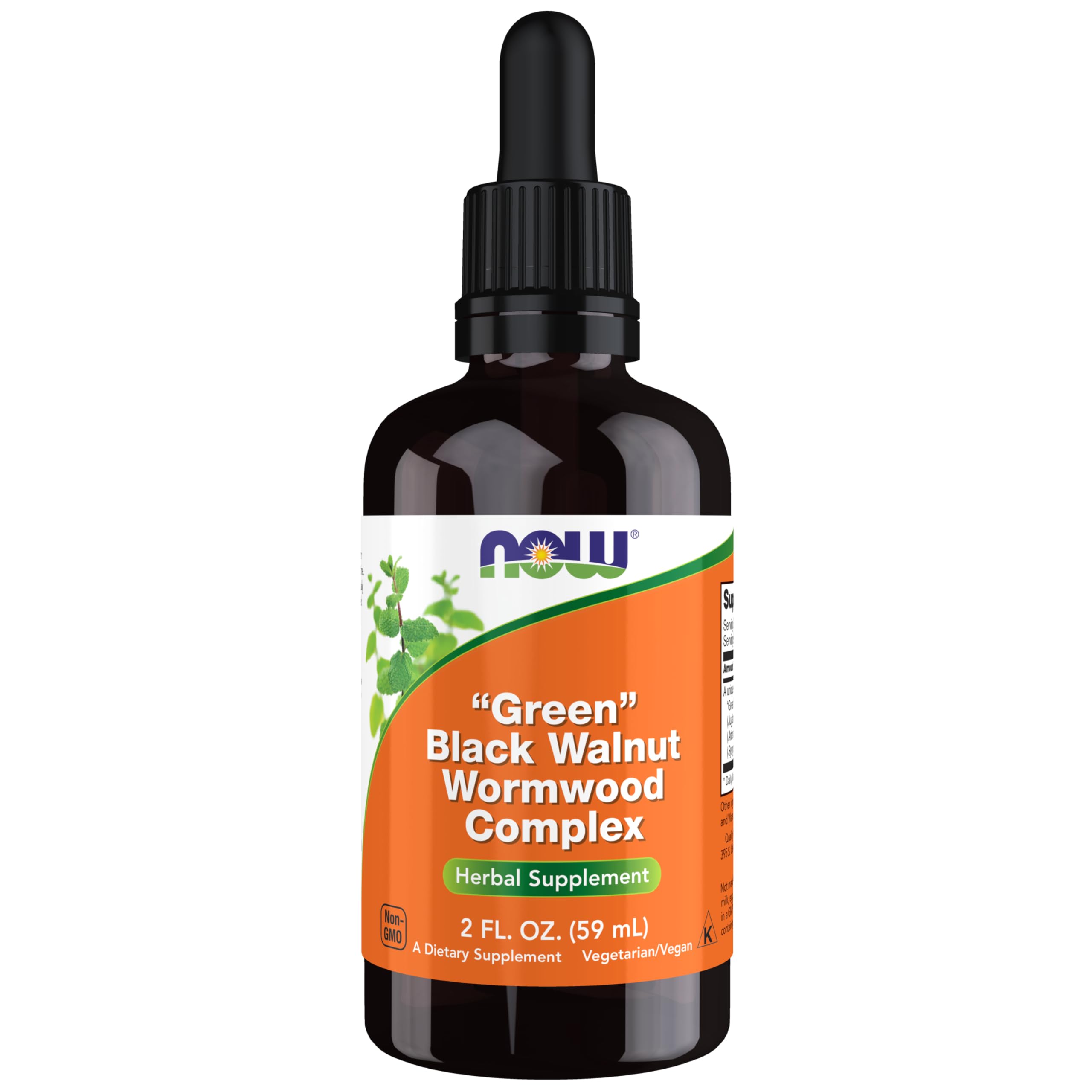 NOW Foods botella con cuentagotas muestra nuez verde, ajenjo y clavo para uso herbal.