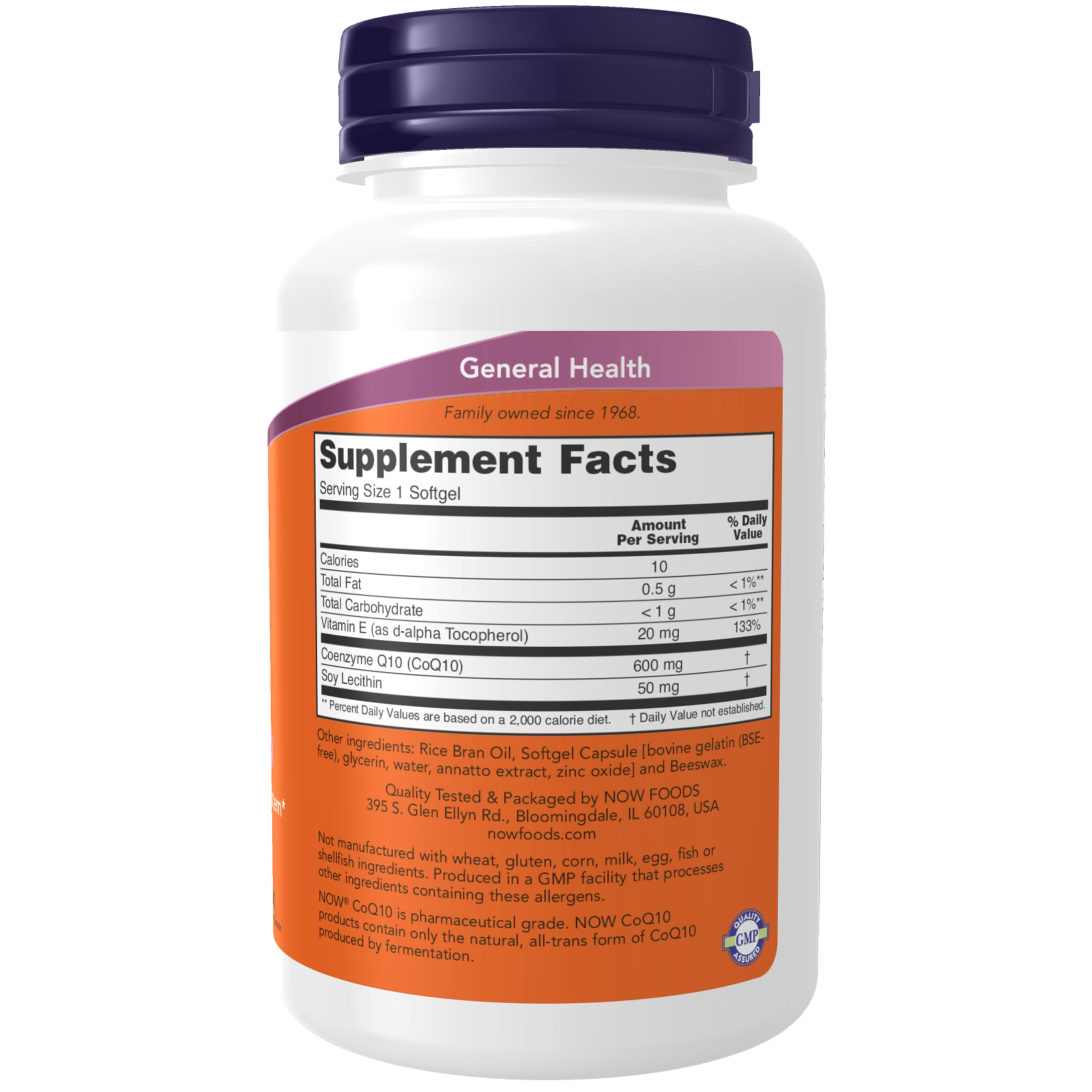 NOW Foods CoQ10 600 mg, etiqueta frontal, diseño claro que transmite calidad.