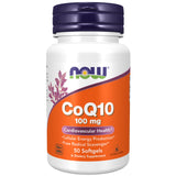 NOW Foods CoQ10 cápsulas blandas en botella; posible apoyo a la energía celular.