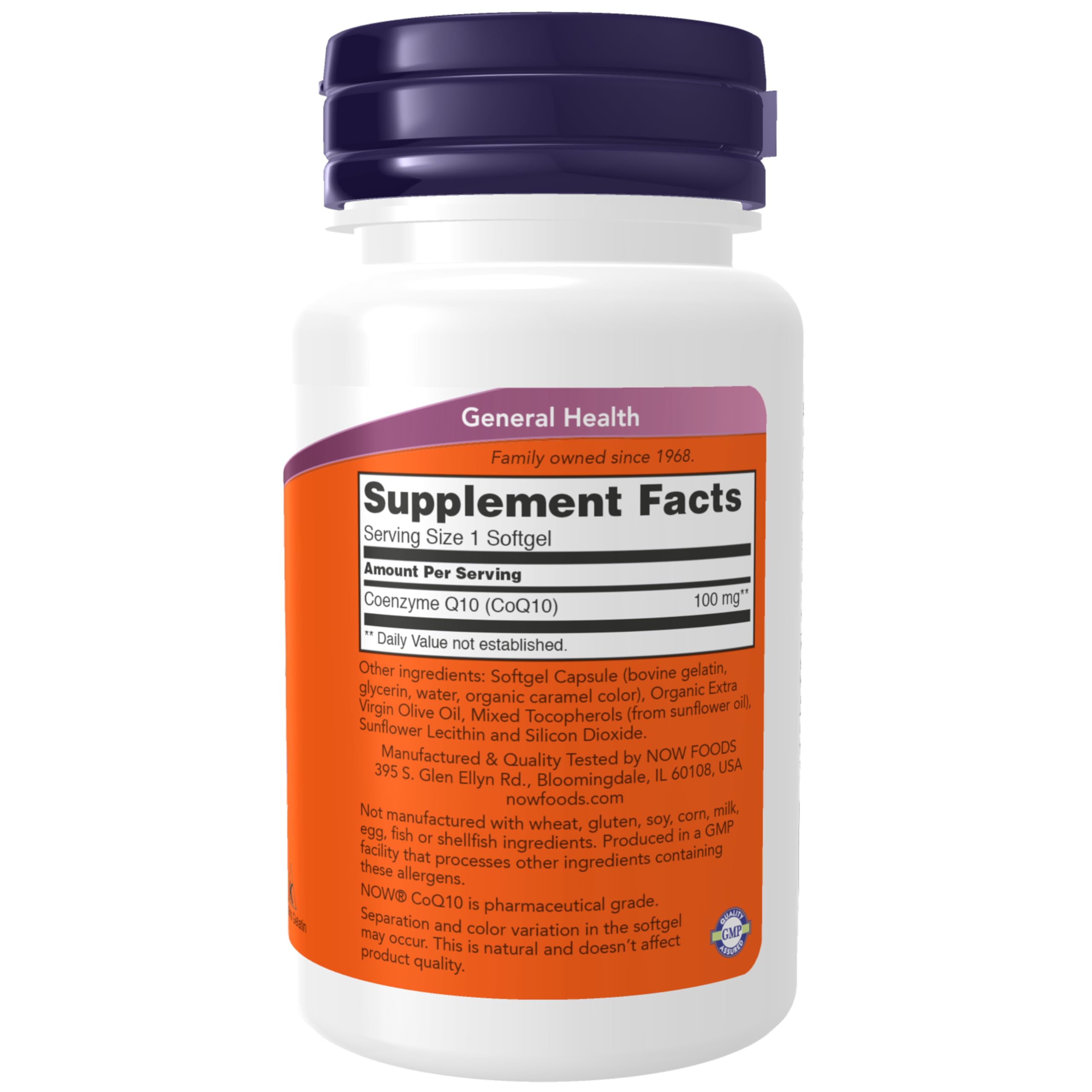 Etiqueta NOW Foods CoQ10, dosis de 100 mg por cápsula.