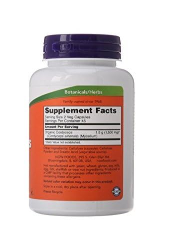 Presentación de dos frascos NOW Foods Cordyceps 750 mg, 180 cápsulas