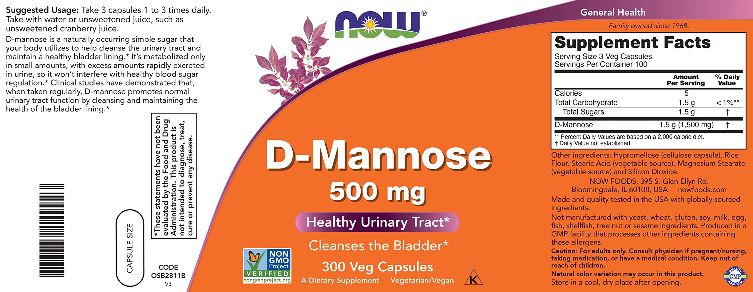 NOW Foods D-Mannose 500 mg cápsulas para limpieza de la vejiga