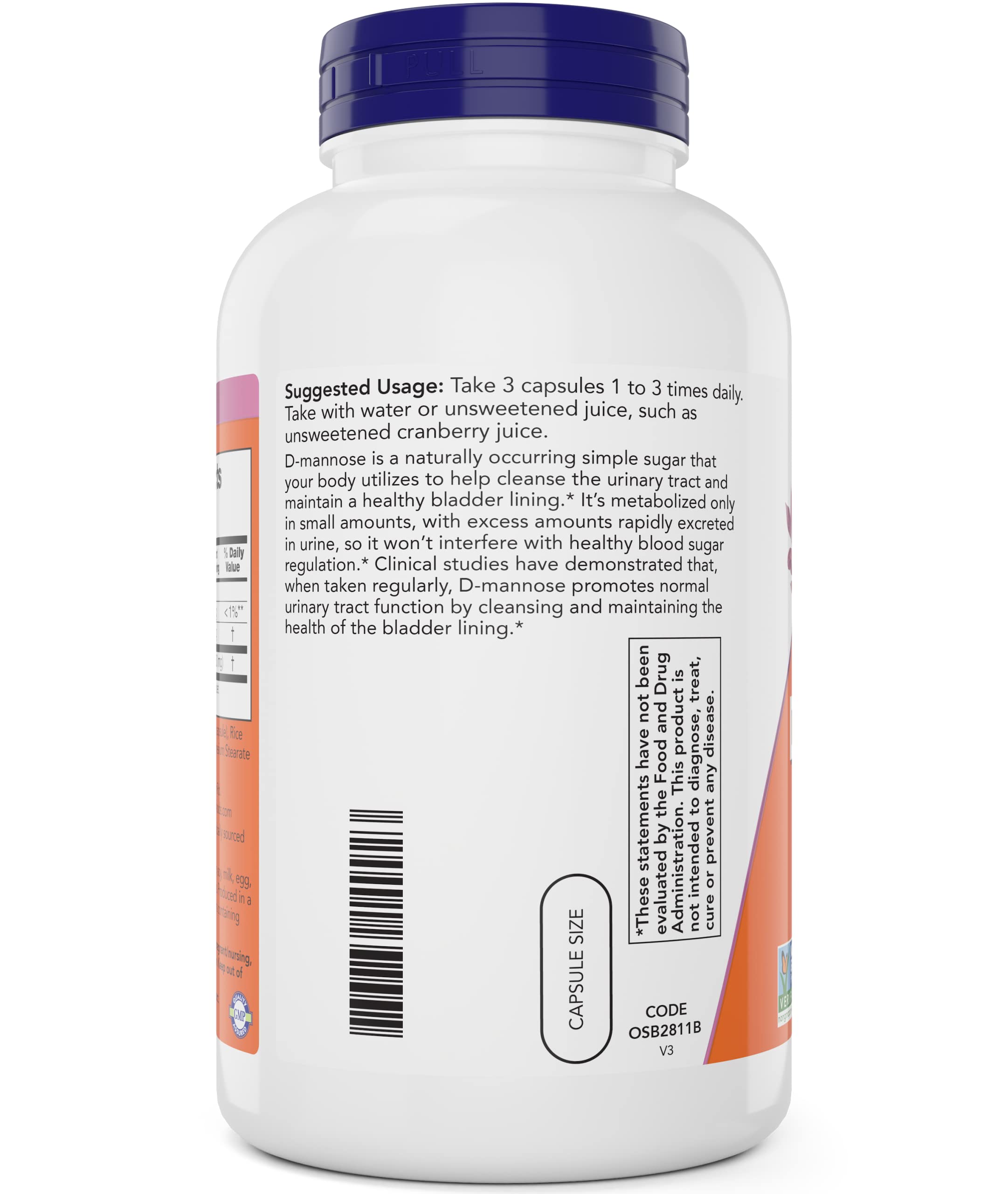 NOW Foods D-Mannose 500 mg suplemento para mantenimiento del tracto urinario