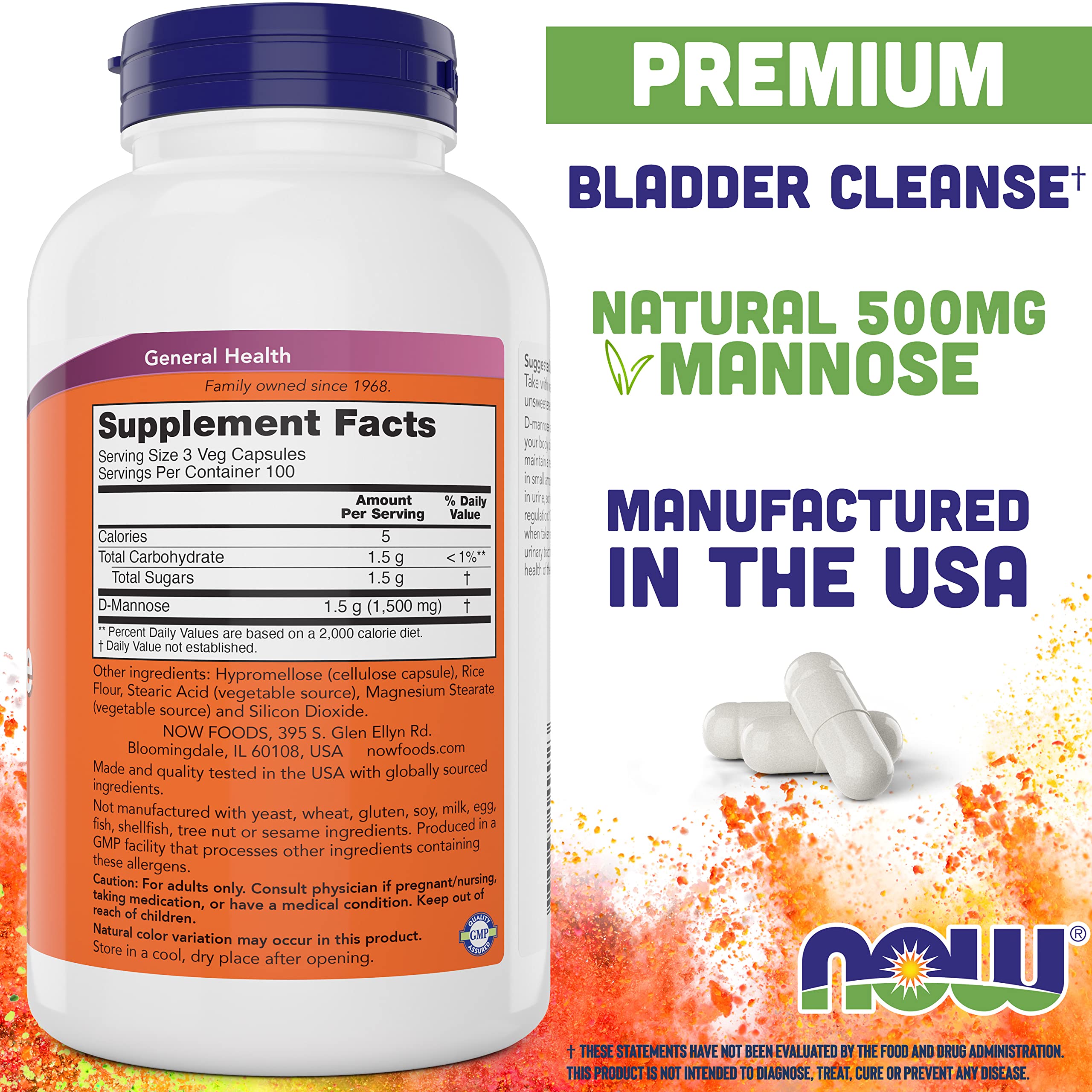 NOW Foods D-Mannose 500 mg producto vegano y sin OGM