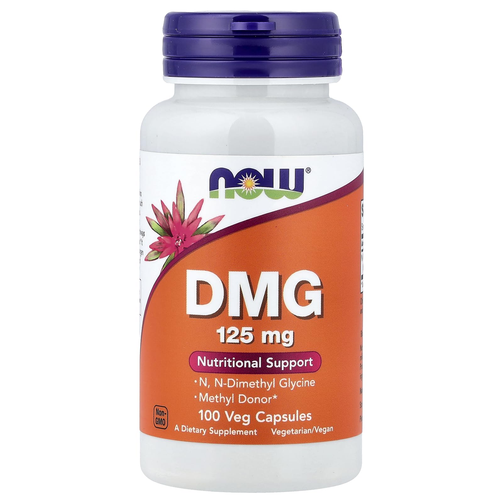 NOW Foods DMG 125mg cápsulas, forma conveniente para uso diario y apoyo al bienestar.