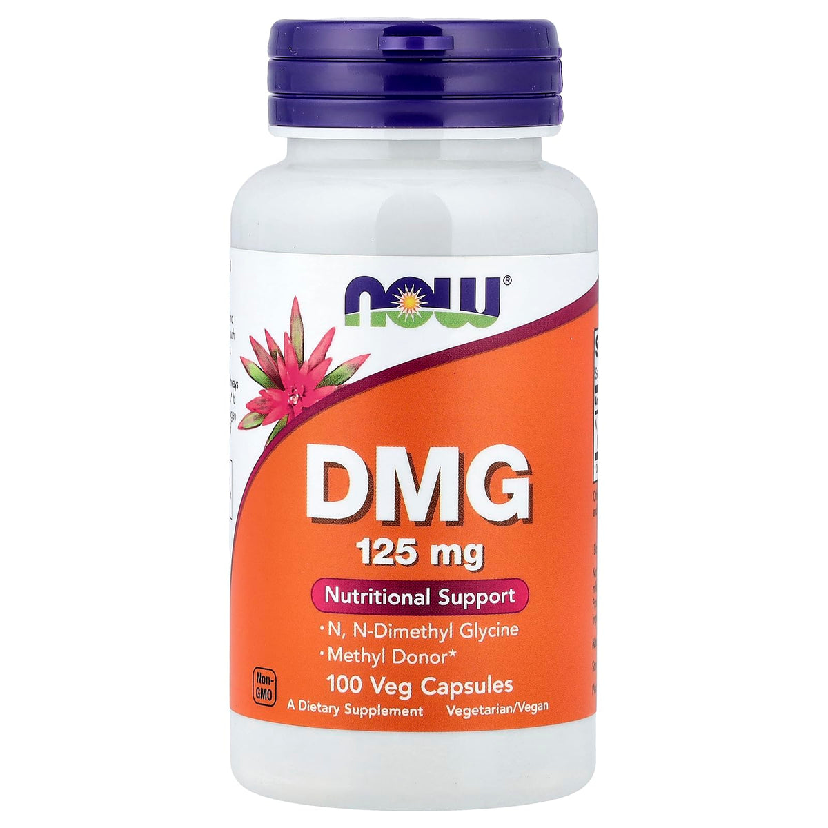 NOW Foods DMG 125mg cápsulas, forma conveniente para uso diario y apoyo al bienestar.