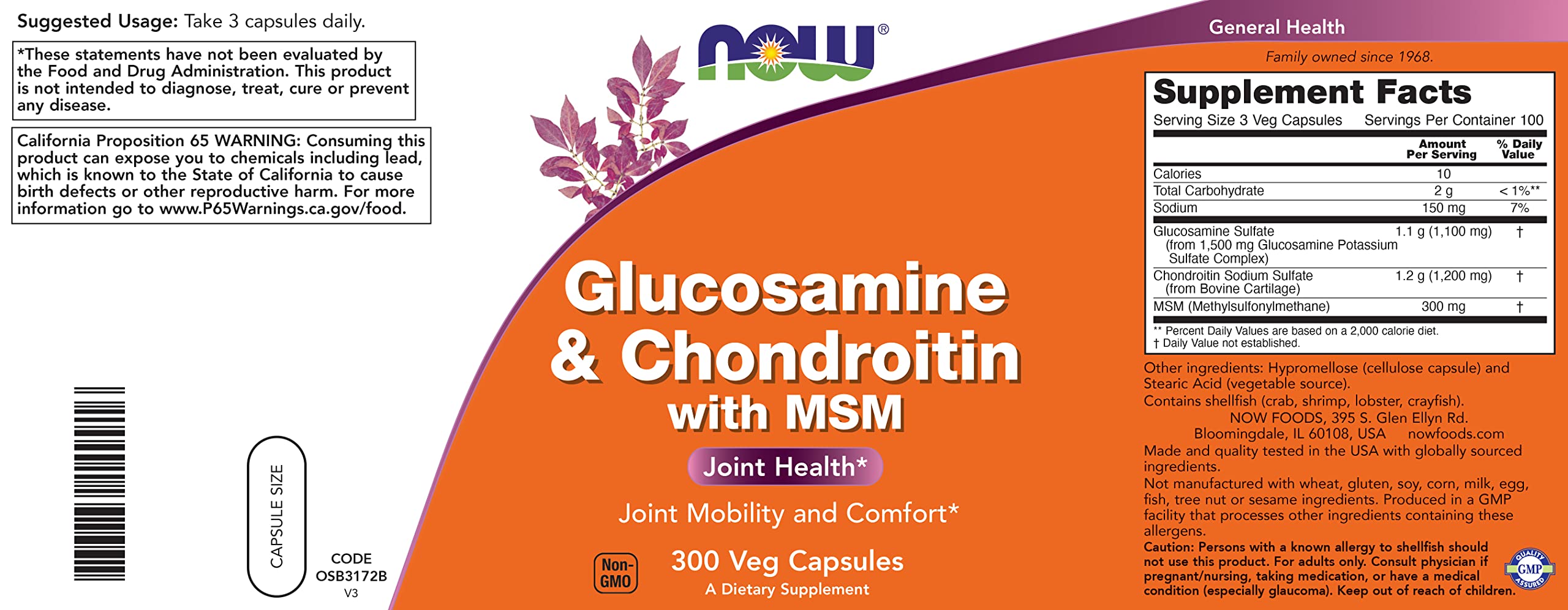 Detalle de cápsulas NOW Foods: glucosamina, condroitina y MSM en una cápsula