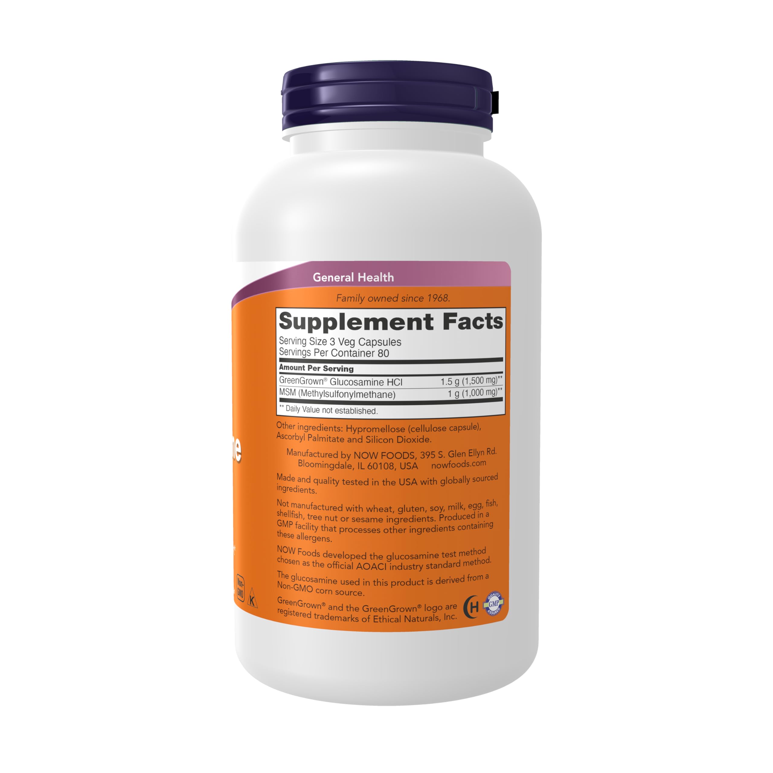 NOW Foods glucosamina GreenGrown y MSM, fuente de compuestos para articulaciones.