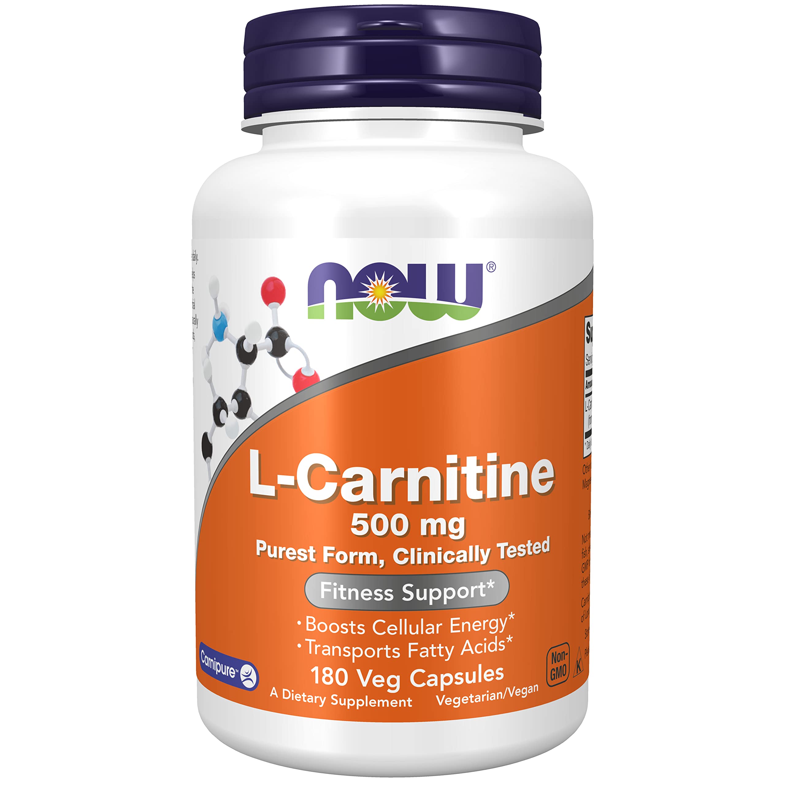 Now Foods L-Carnitina 500 mg, botella de cápsulas, posible apoyo a la energía durante el ejercicio.