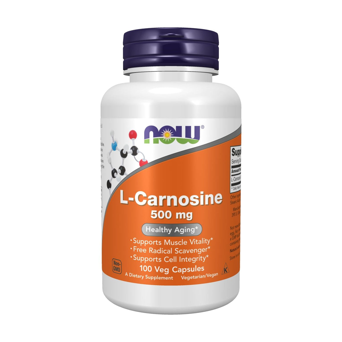 NOW Foods L-Carnosina 500 mg en botella, soporte para vitalidad muscular vegetariana.