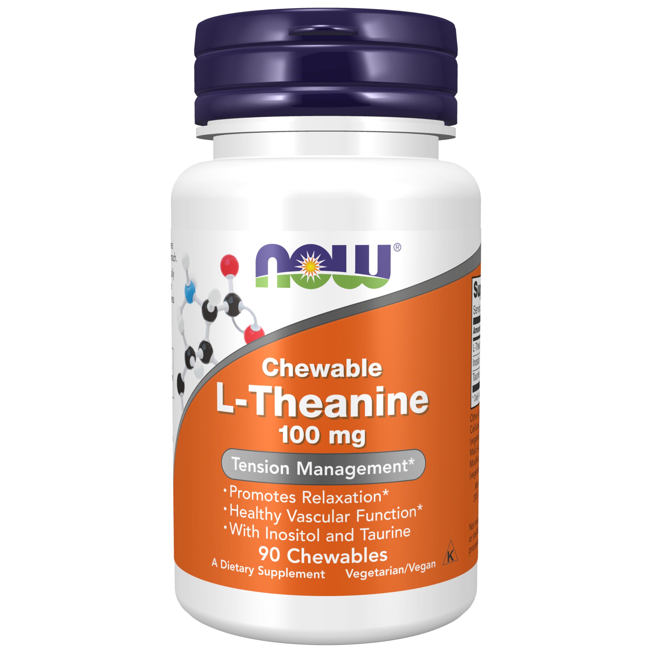 NOW Foods L-teanina 100 mg con inositol y taurina, sabor frambuesa, promueve relajación.