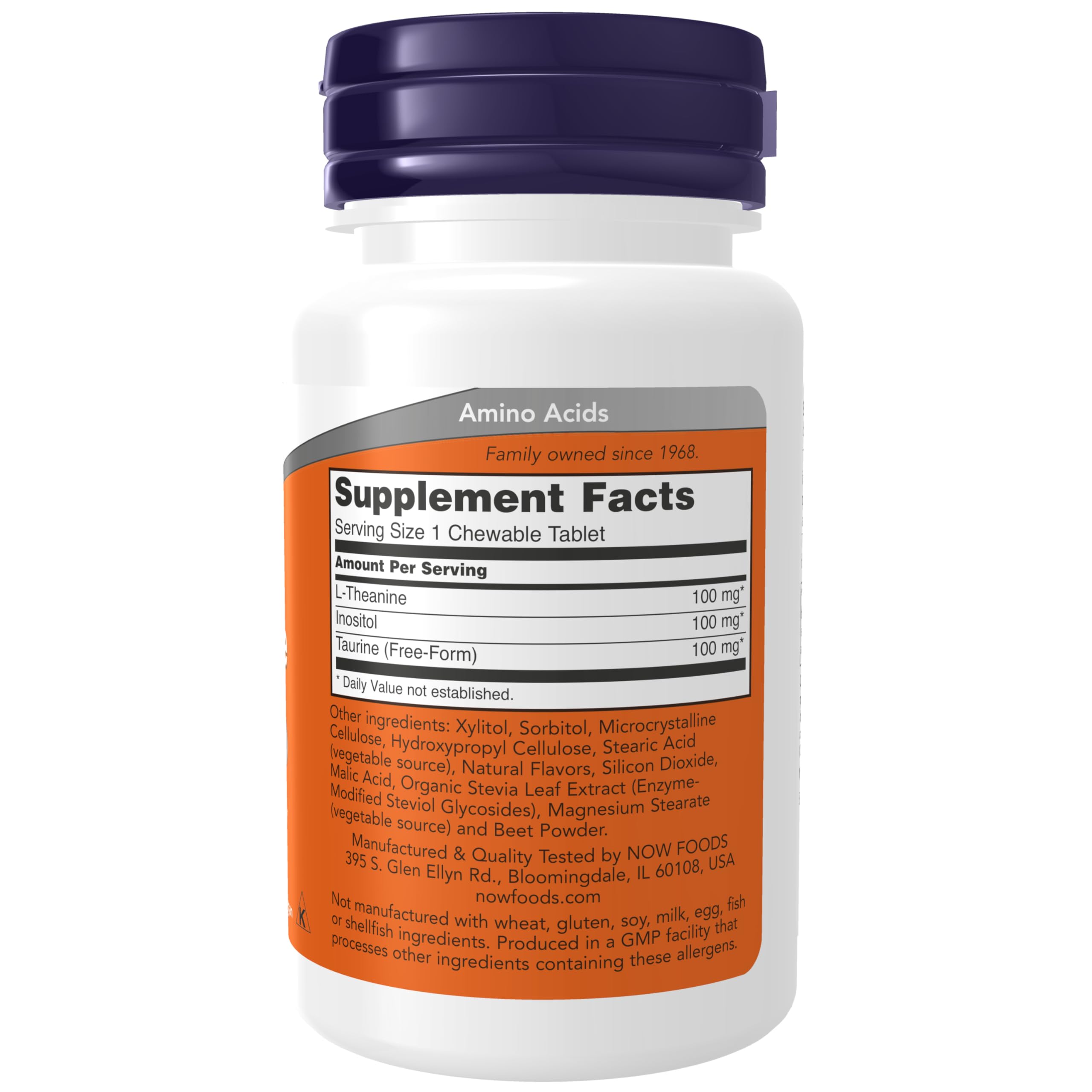 NOW Foods L-teanina 100 mg, frasco gomitas, opción práctica para consumo diario.