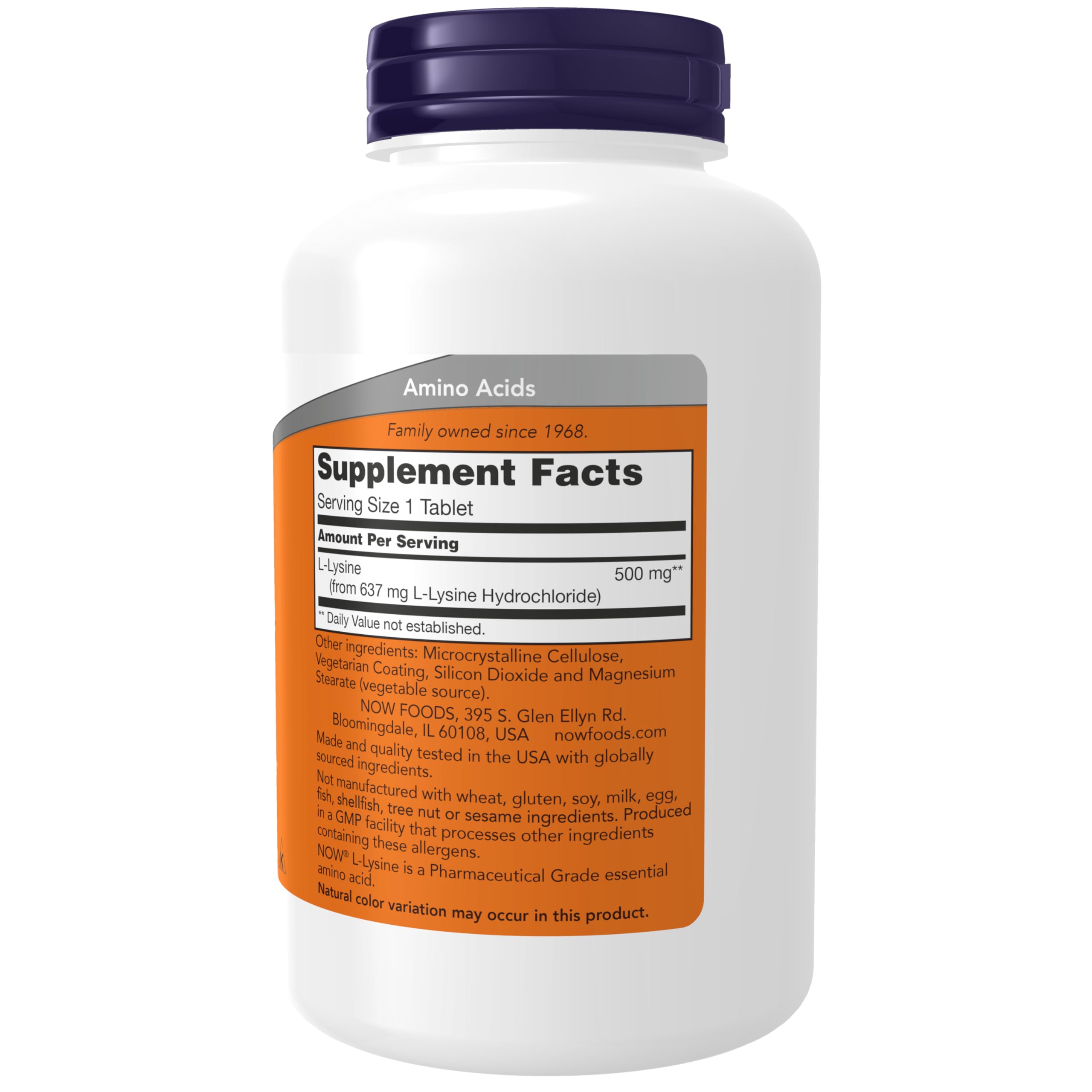 NOW Foods Lisina 500 mg etiqueta frontal; puede favorecer funciones inmunes y desarrollo de colágeno