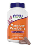 NOW Foods Mannose Cranberry cápsulas, etiqueta frontal, para apoyo general de la salud urinaria.