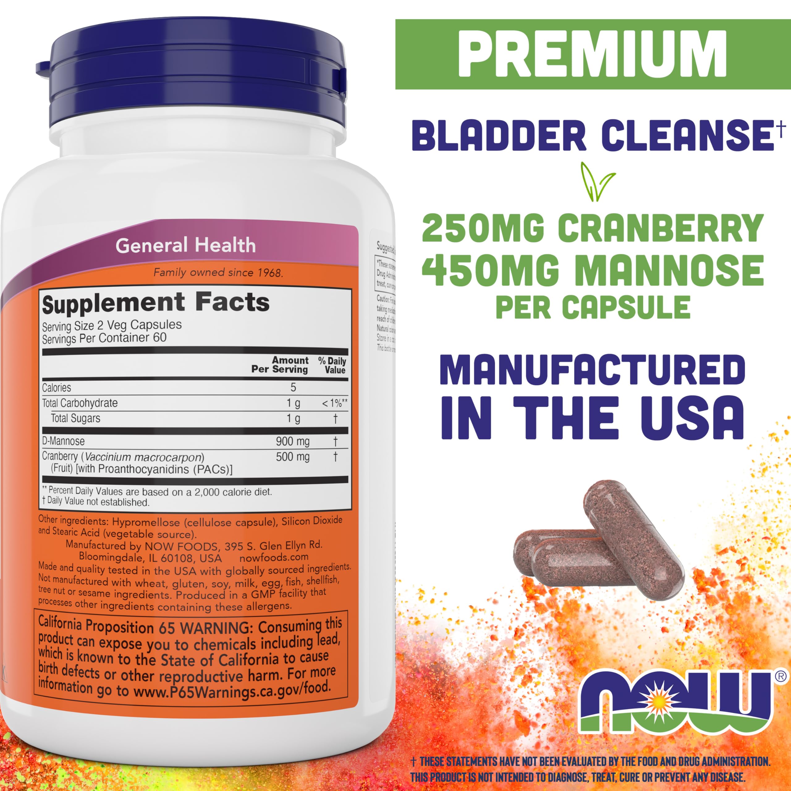 NOW Foods Mannose Cranberry cápsulas, interior del frasco, dosis diaria para bienestar urinario.
