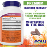 NOW Foods Mannose Cranberry cápsulas, interior del frasco, dosis diaria para bienestar urinario.