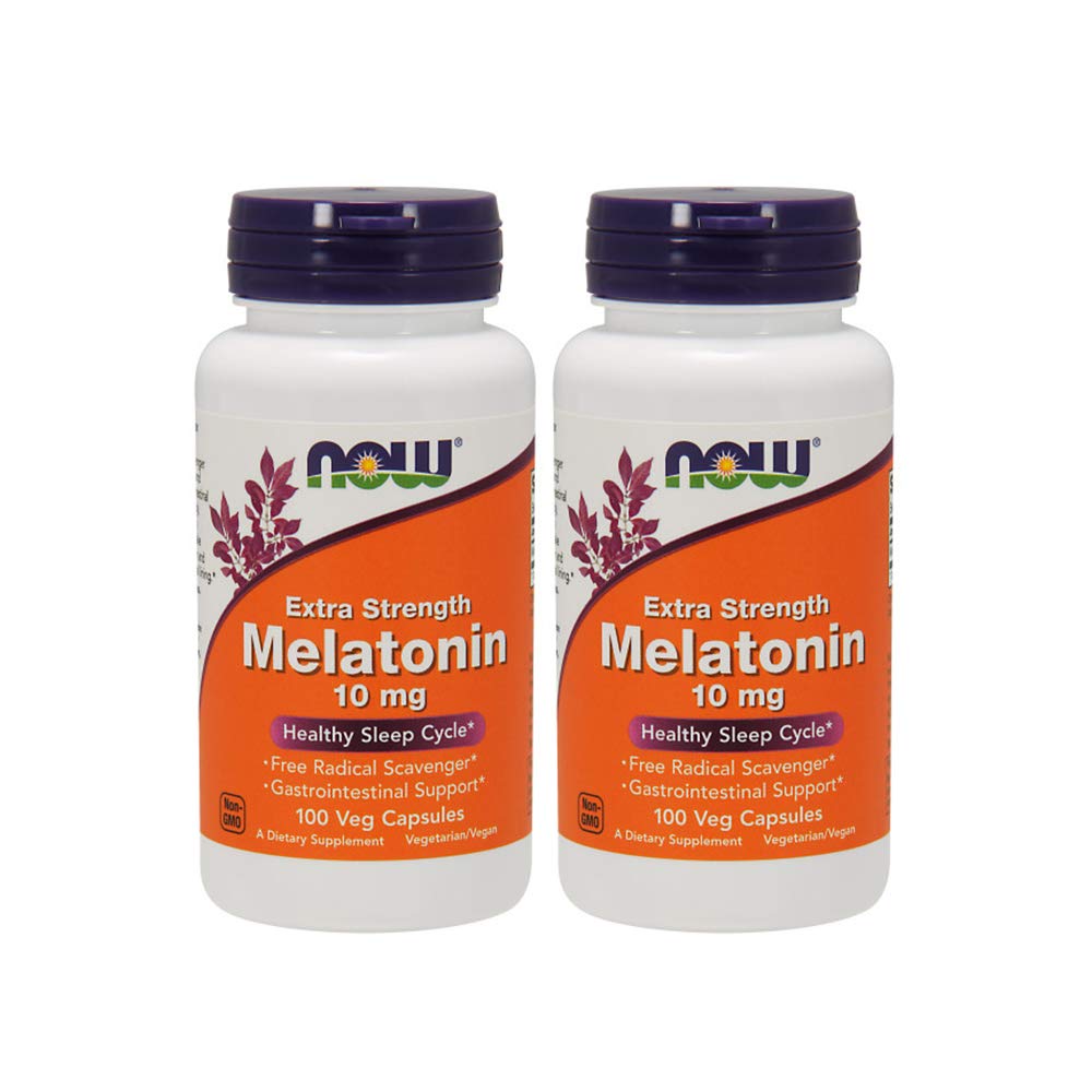 NOW Foods Melatonina Extra Fuerte 10 mg, envase-dos-botellas, apoyo al ciclo de sueño natural.