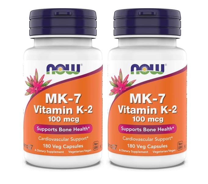 NOW Foods MK-7 cápsulas veganas en botella, posible apoyo a la salud ósea.
