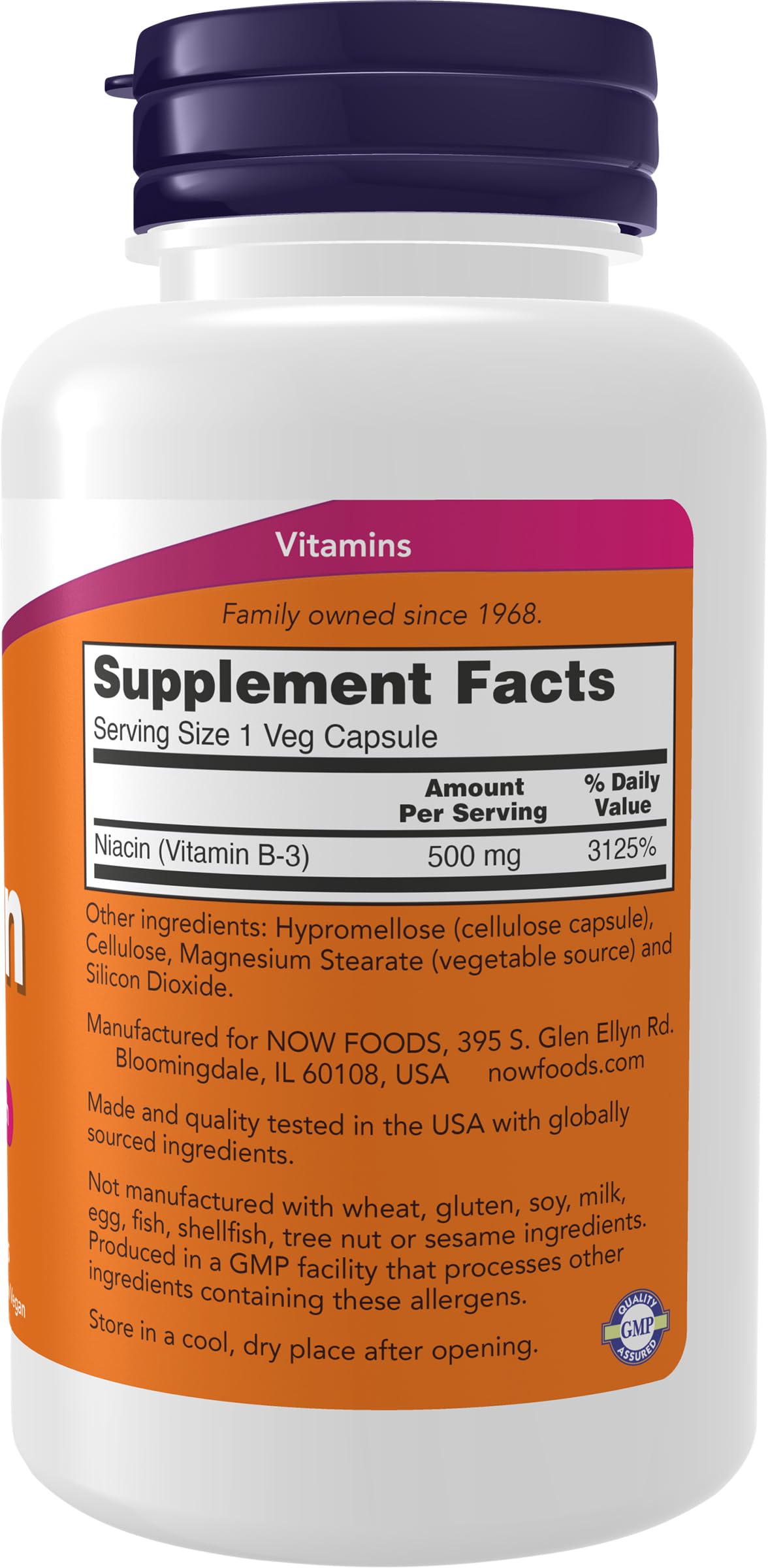 Envase NOW Foods Niacina 500 mg, fácil de almacenar tras la compra.