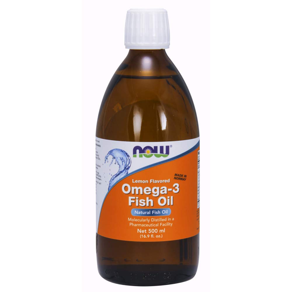 NOW Foods Omega-3 Aceite Pescado Limón, botella, sabor suave para uso diario.