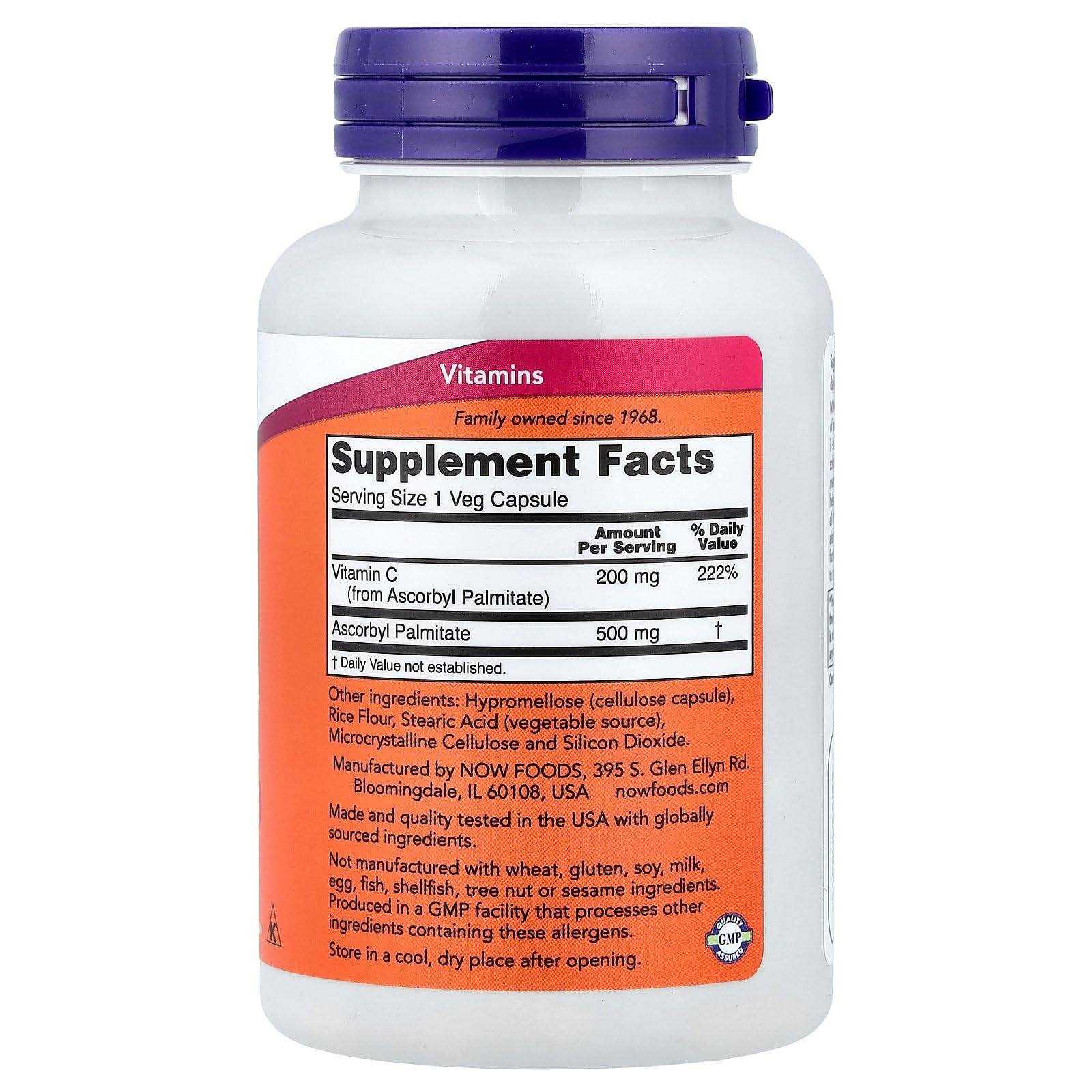 NOW Foods Palmitato de ascorbilo 500 mg, dosis diaria recomendada para vitalidad