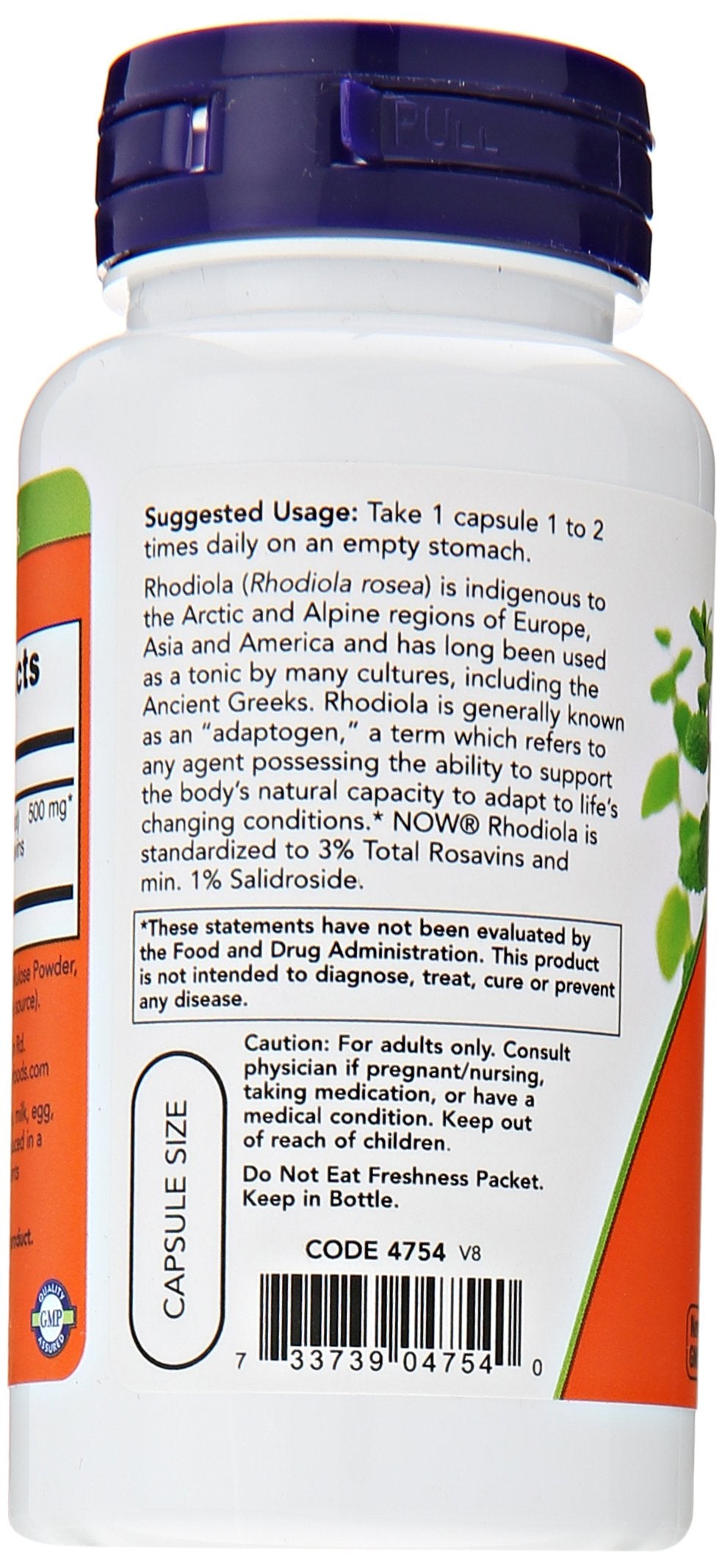 NOW Foods Rhodiola Rosea etiqueta frasco: extracto estandarizado a 3% rosavinas.