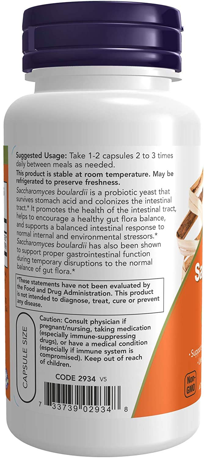 Etiqueta de NOW Foods Saccharomyces boulardii con dosis indicada.