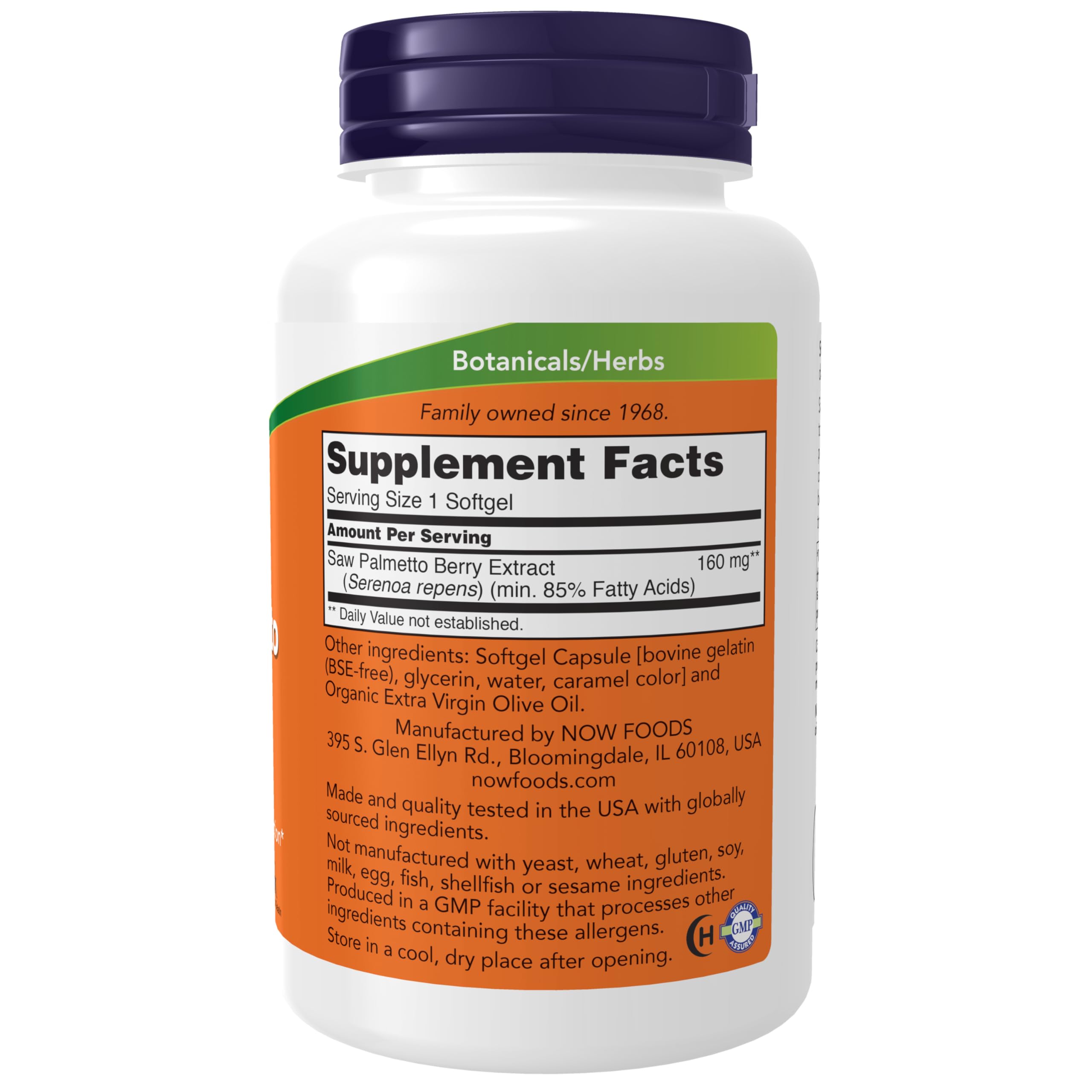NOW Foods Saw Palmetto cápsulas blandas 240, etiqueta visible, uso diario posible