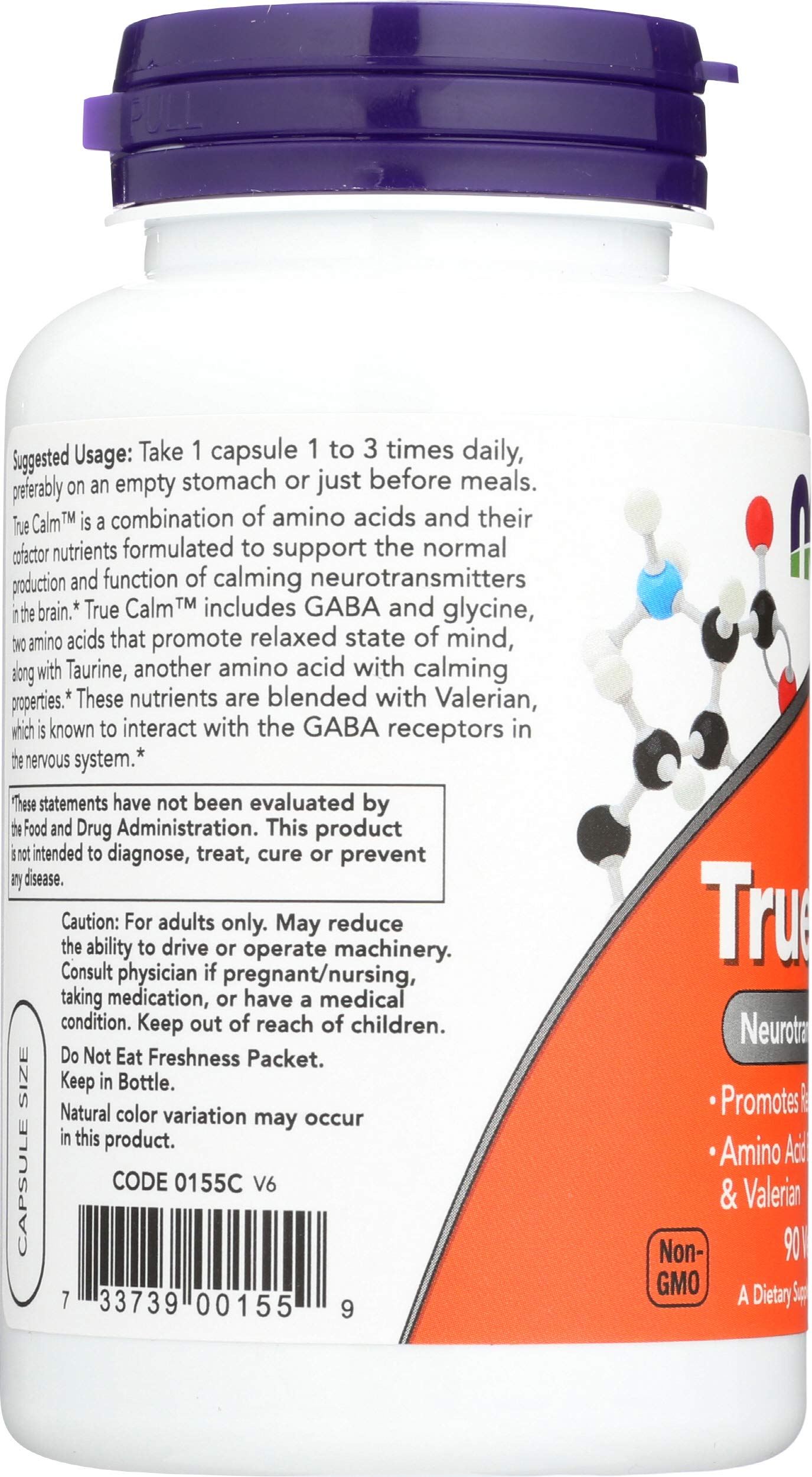 NOW Foods True Calm: primeros planos de cápsulas para bienestar emocional.