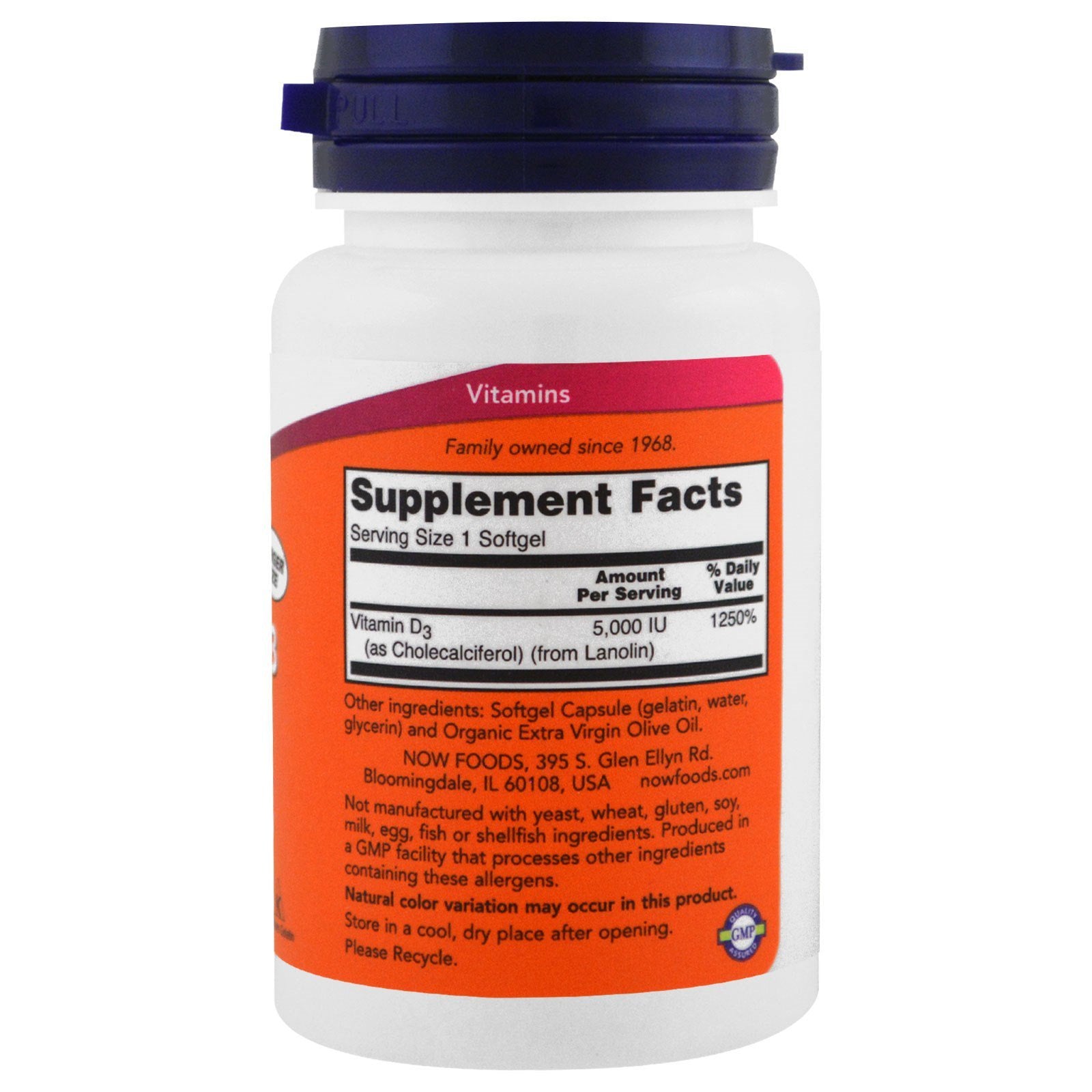 NOW Foods Vitamina D-3 5000 IU etiqueta nutricional con información de uso