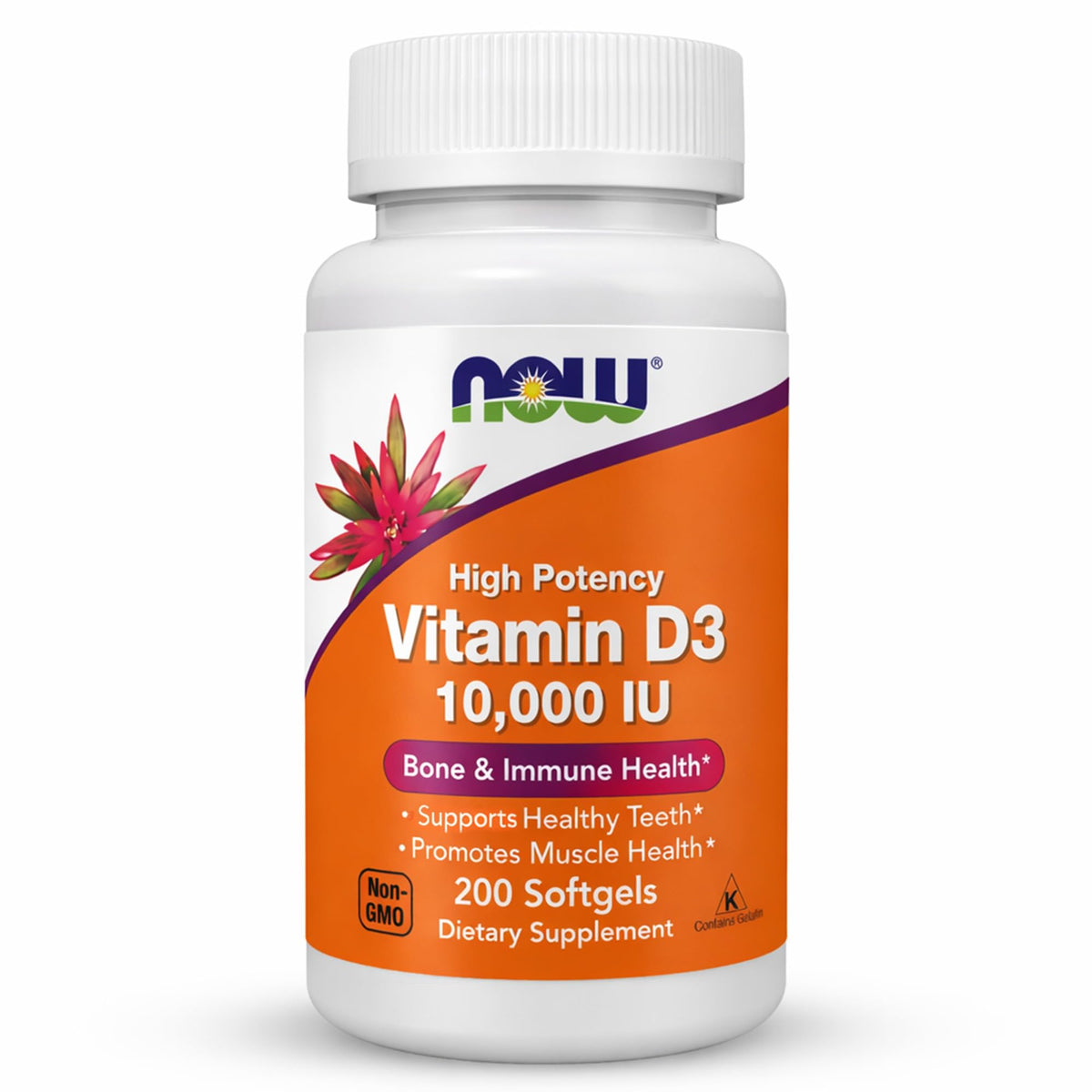 NOW Foods Vitamina D-3 10,000 UI - botella: apoyo diario a dientes y huesos sanos.