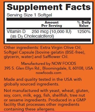 NOW Foods Vitamina D-3 10,000 UI - cápsulas blandas: absorción suave para entrega eficiente.