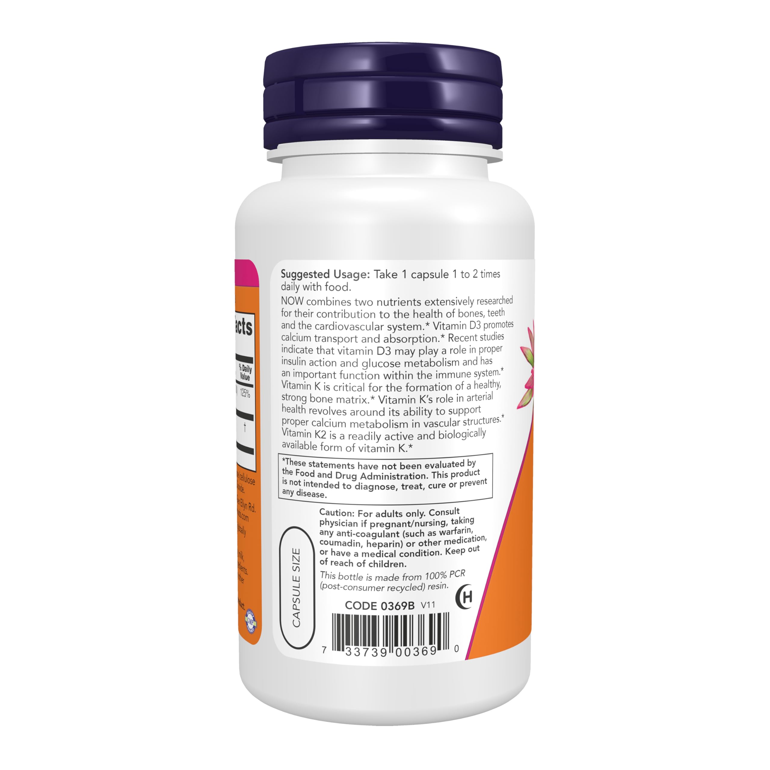 NOW Foods Vitamina D-3 y K-2, cápsulas vegetales en primer plano, fáciles de tragar